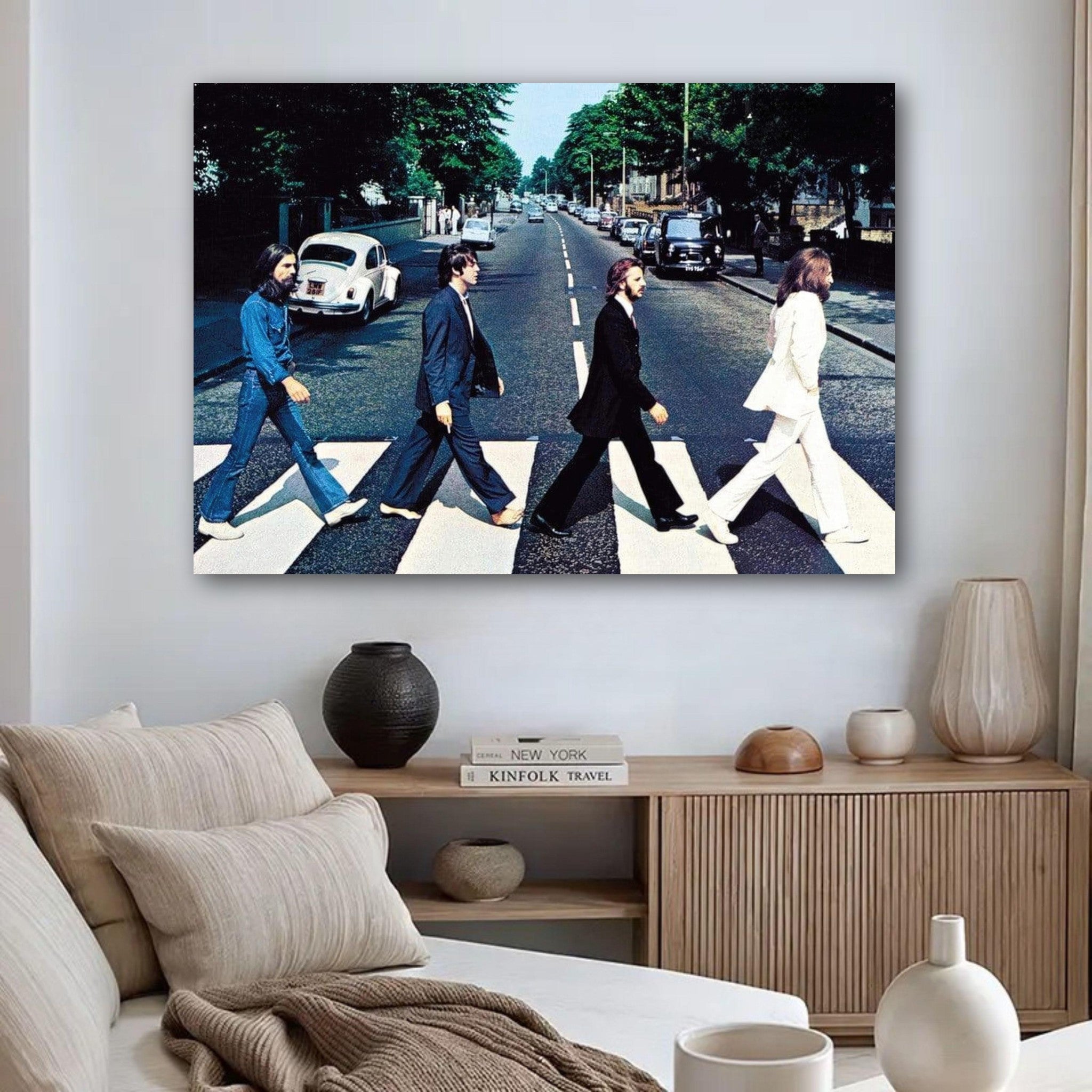 The Beatles Abbey Road metal print displayed in a modern living room setting, capturing iconic album artwork.