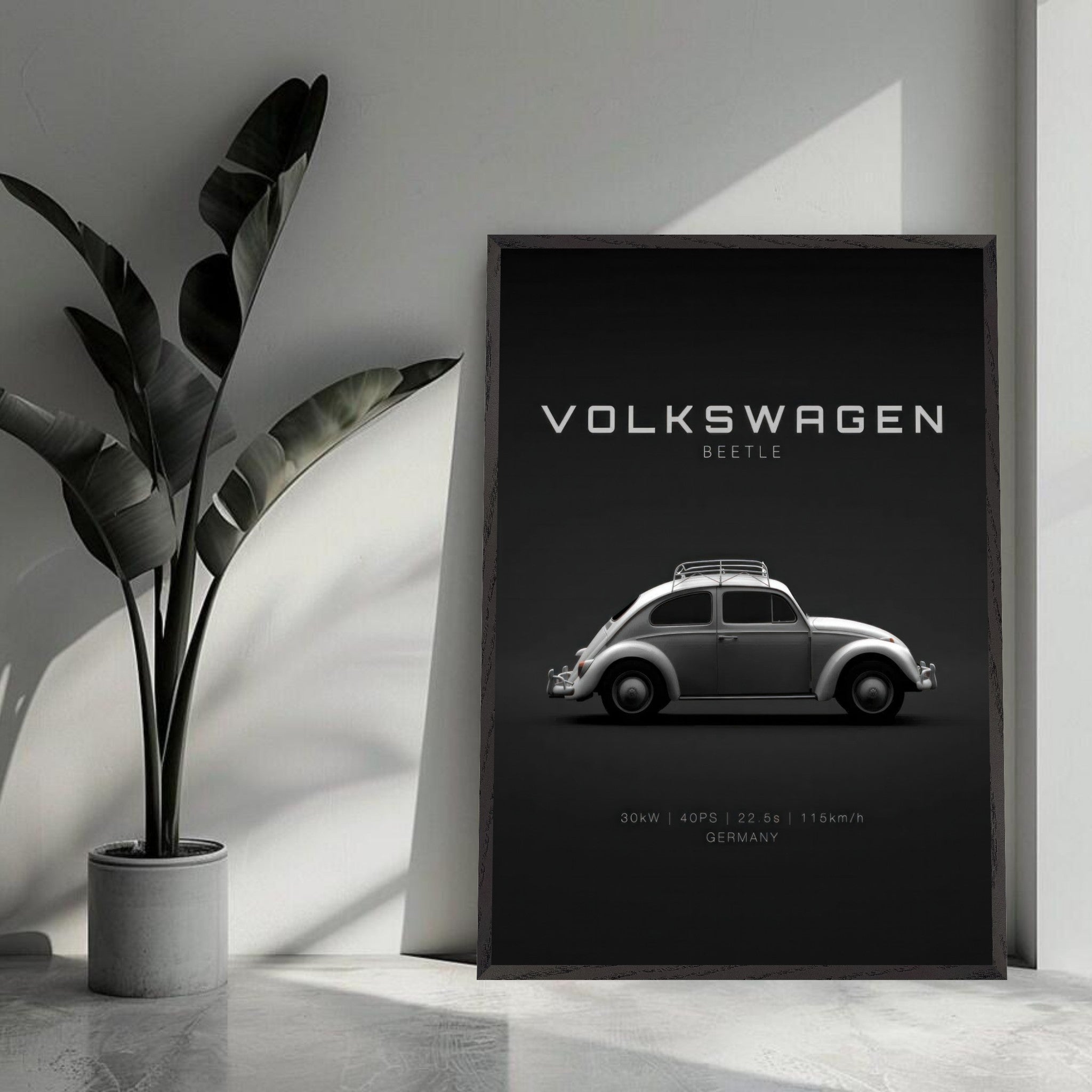 Volkswagen Beetle vintage framed art featuring a sleek design on a minimalist black background.