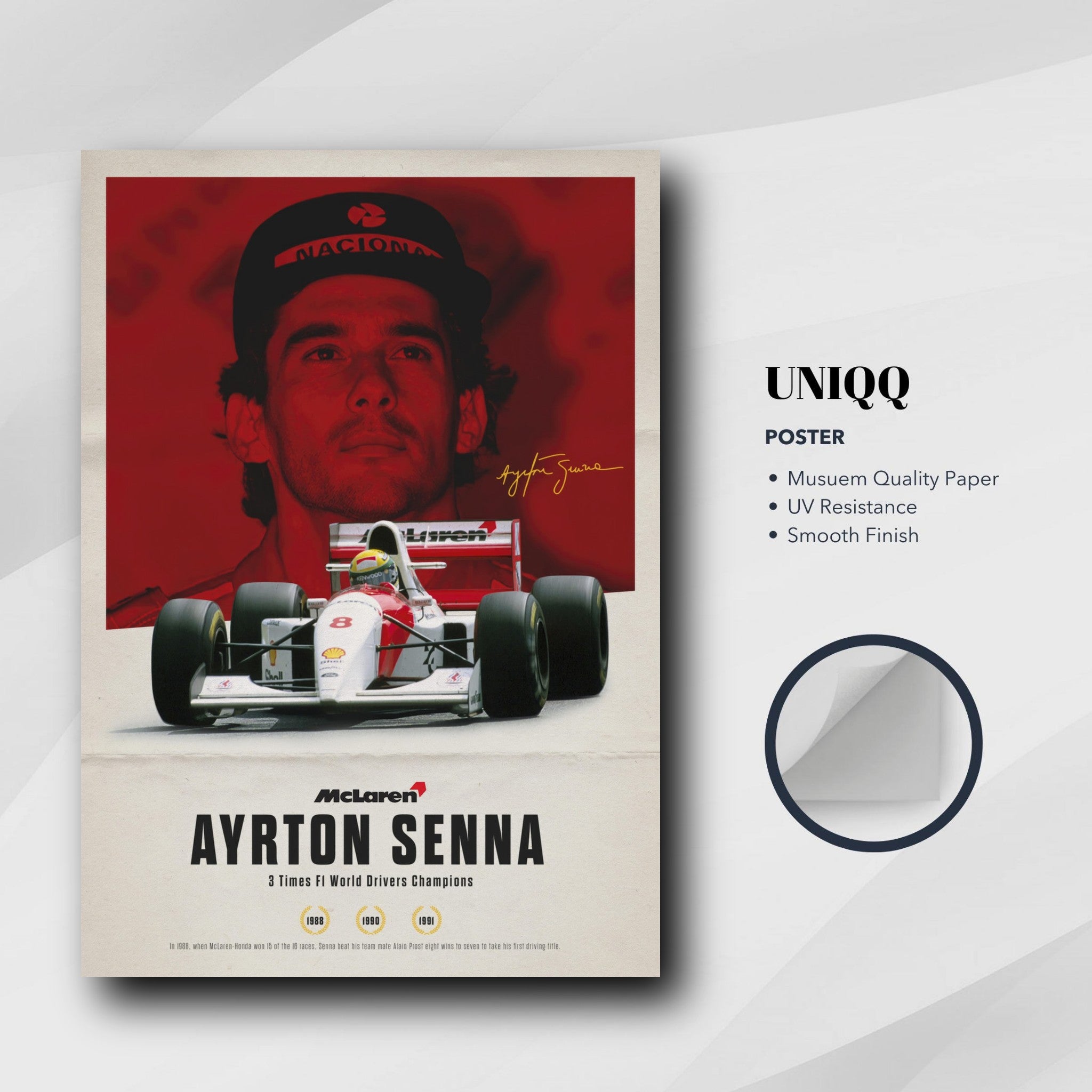 Ayrton Senna poster featuring vibrant design of the F1 champion in McLaren Honda, celebrating his legacy.