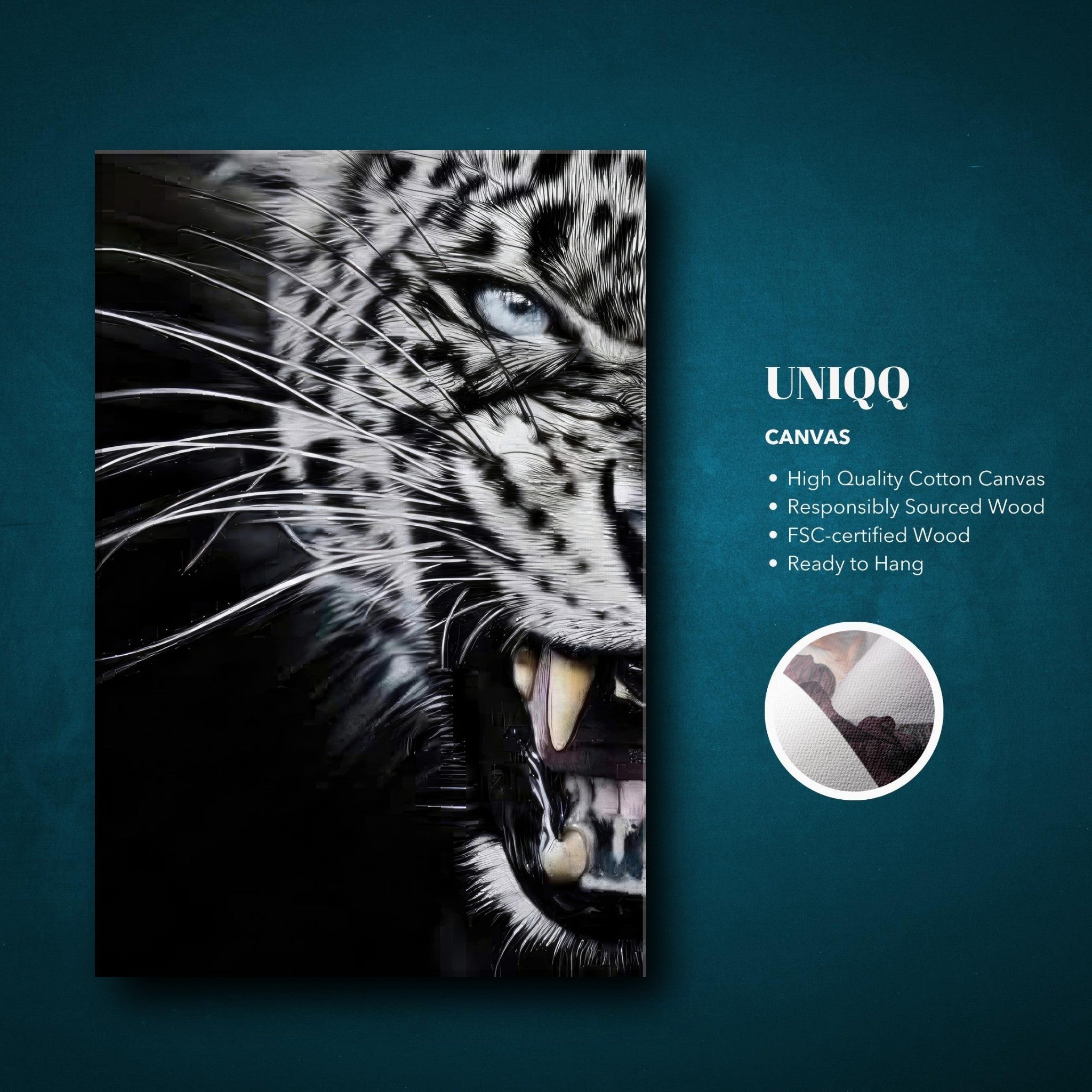 Leopard close-up canvas print showcasing intense gaze and sharp fangs, perfect for bold home decor.
