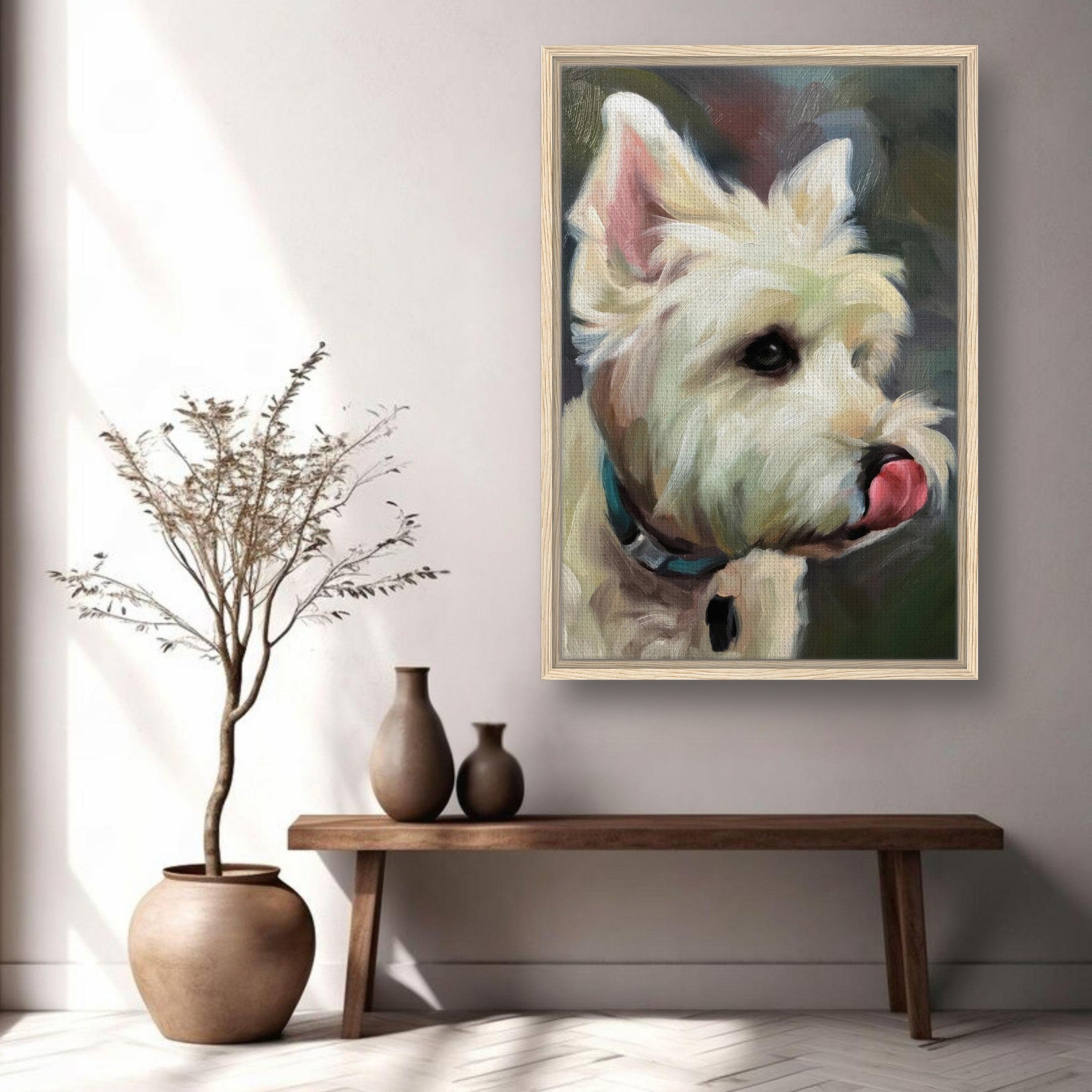 Framed canvas print of a playful West Highland White Terrier in a modern interior setting.