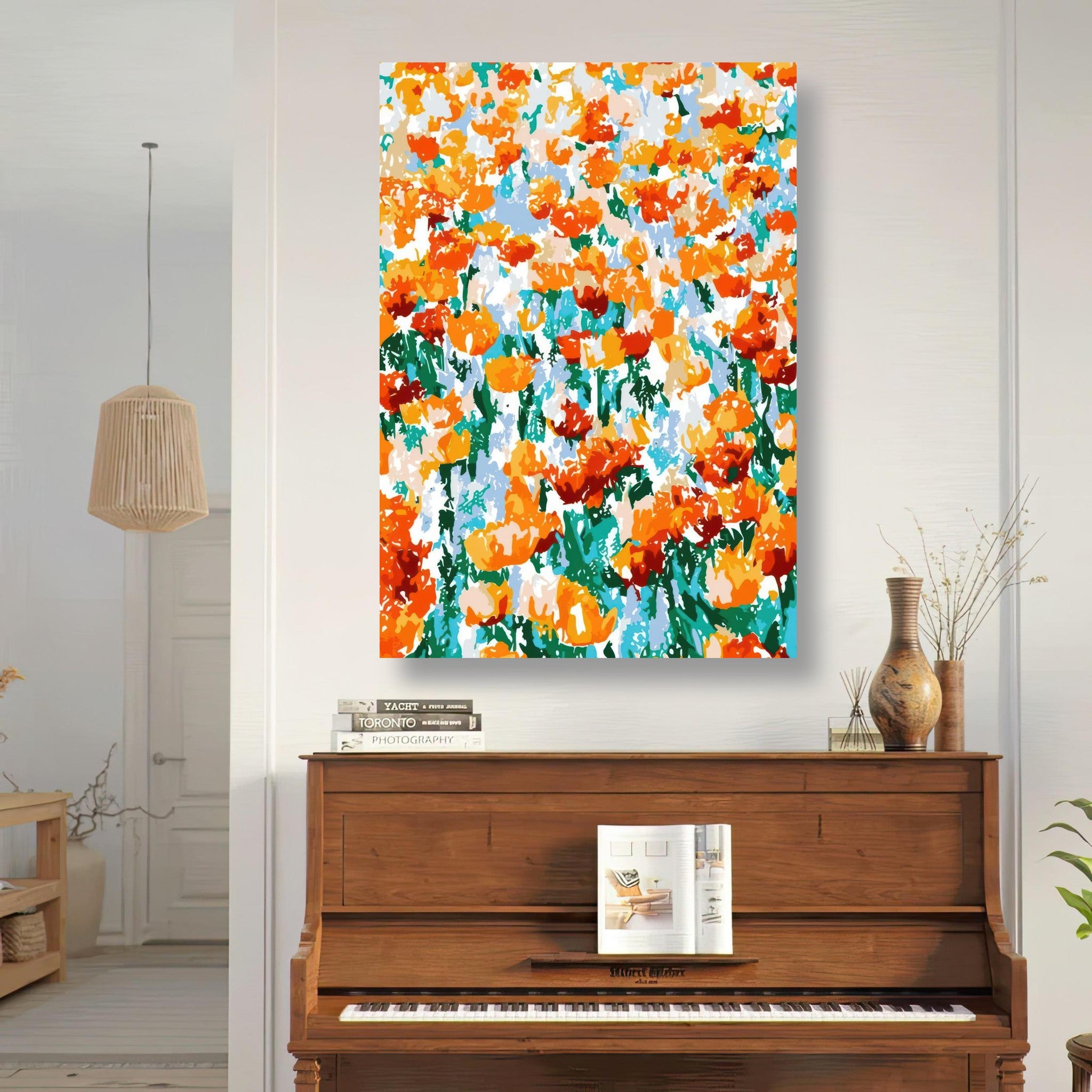 Abstract Floral Tulip Garden metal print featuring vibrant orange, red, and yellow tulips on a cool-toned background.