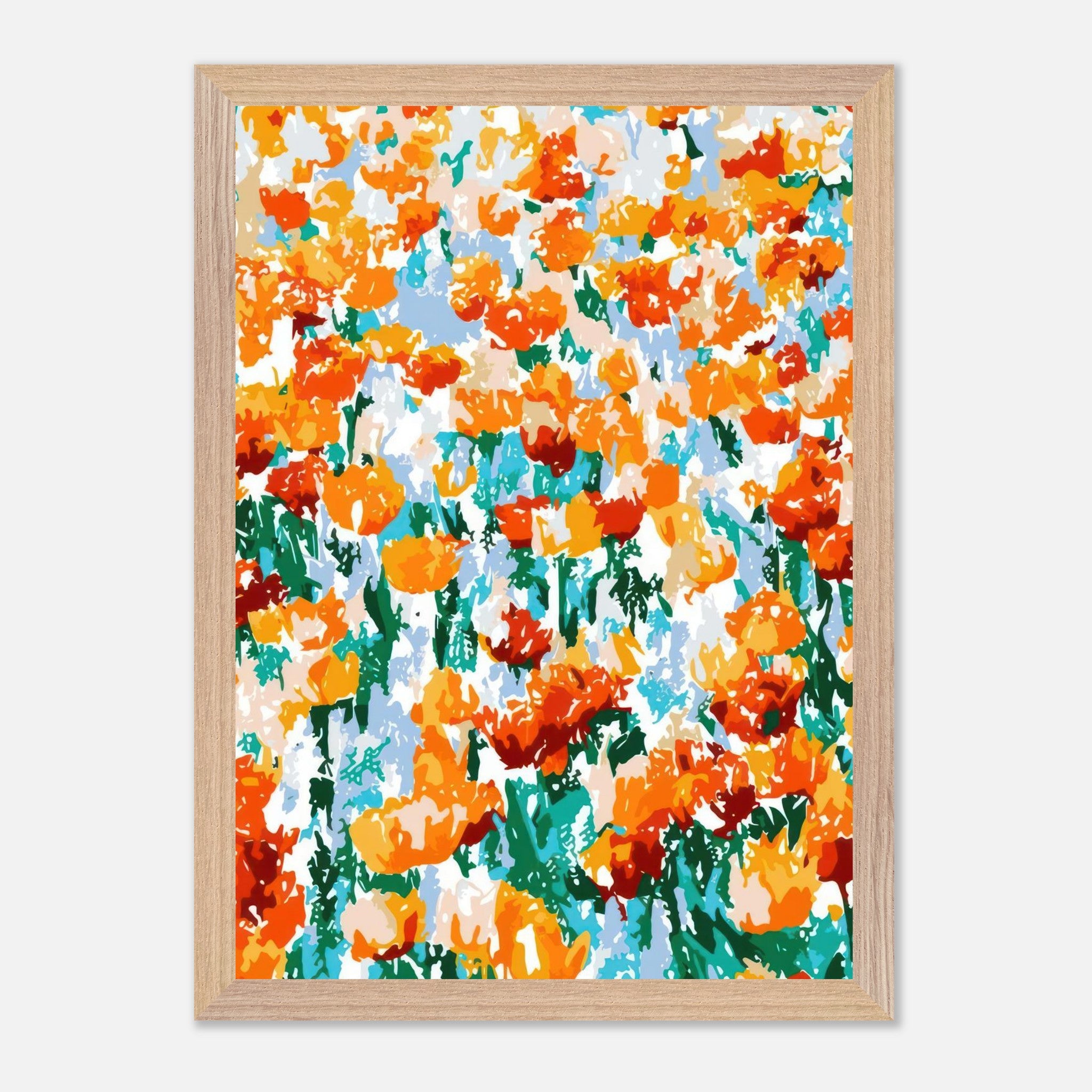 Abstract floral tulip garden vintage framed print with vibrant orange and yellow tulips against a colorful backdrop.