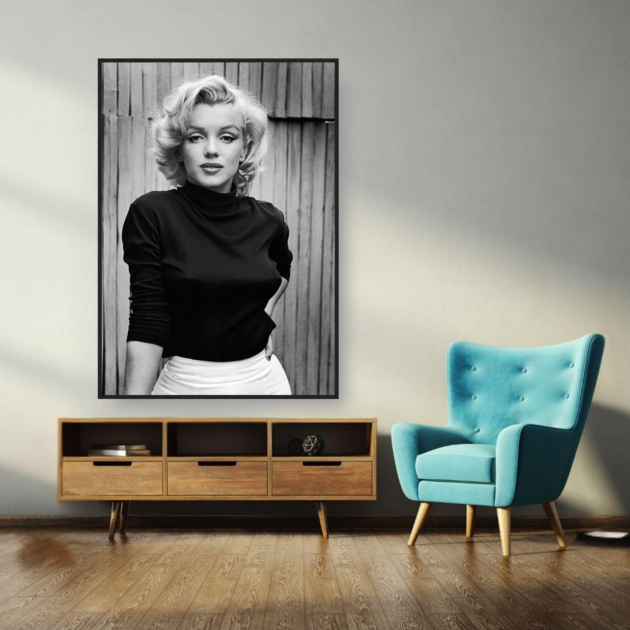Marilyn Monroe black-and-white portrait framed print on wall in stylish living room setting