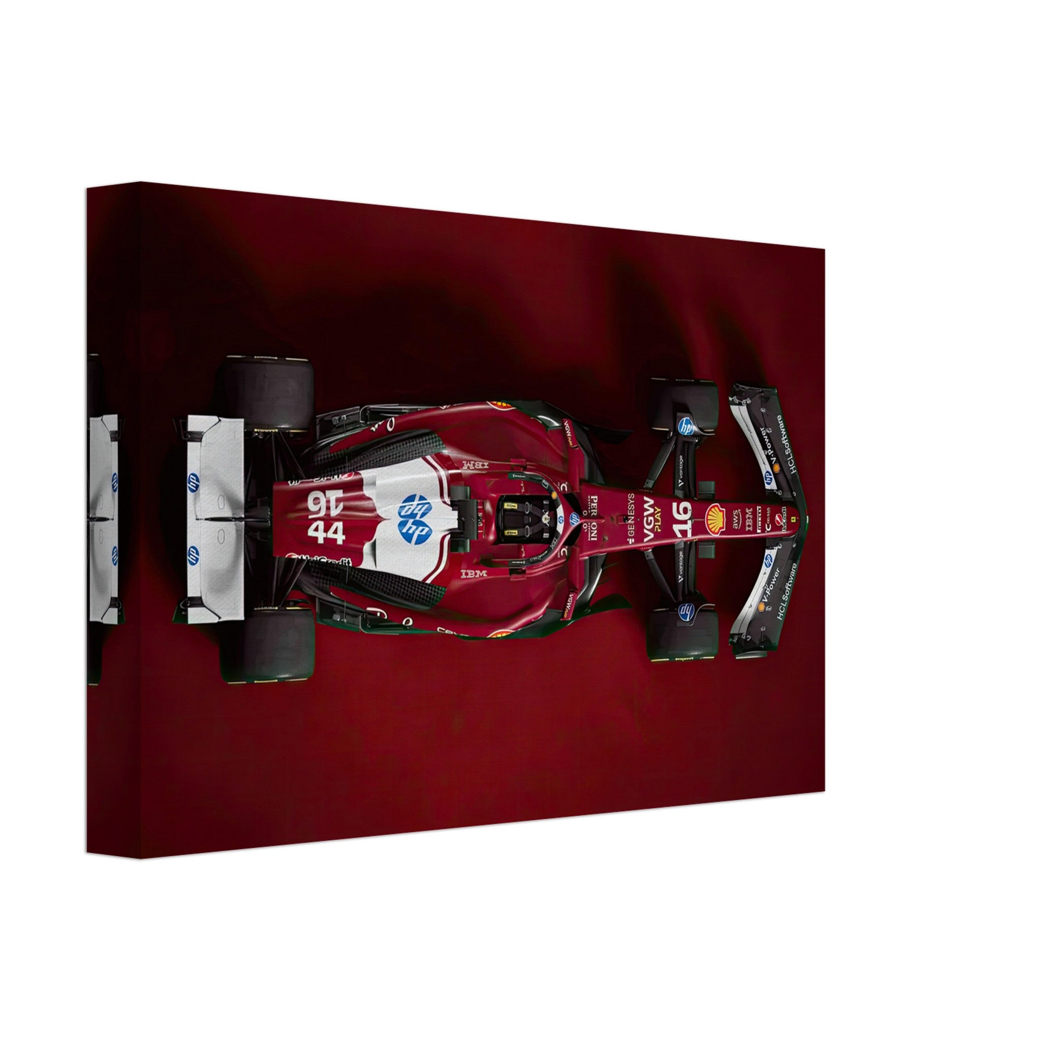 Ferrari F1 2025 canvas print showcasing a top-down view of the sleek race car with bold red livery.