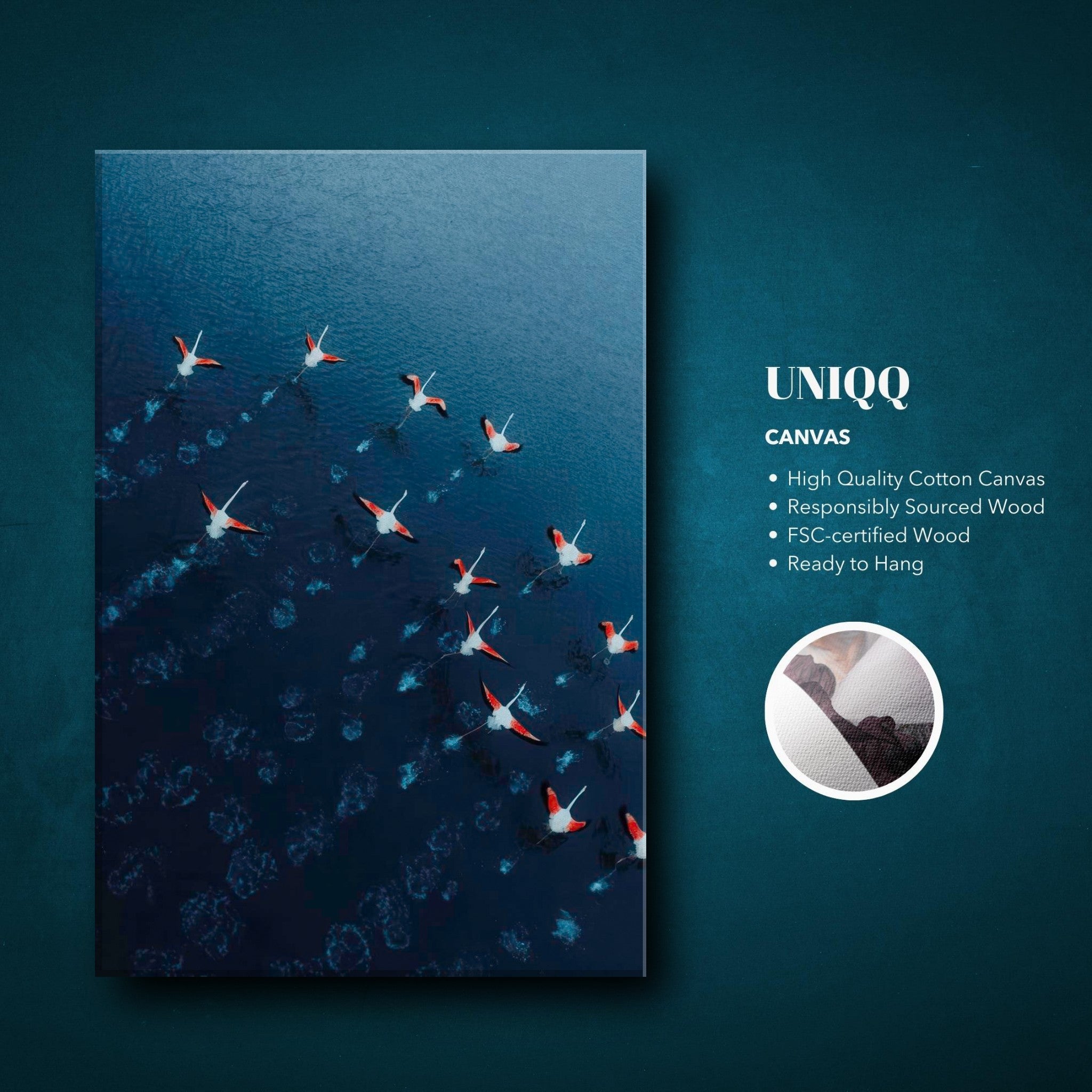 Flamingos drone photography canvas print featuring vibrant pink flamingos over deep blue water.