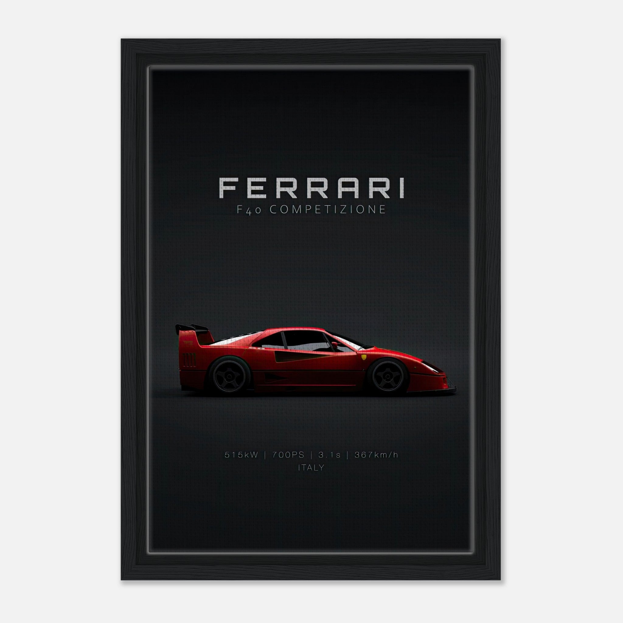 Ferrari F40 Competizione framed canvas artwork featuring a sleek red supercar on a black background.