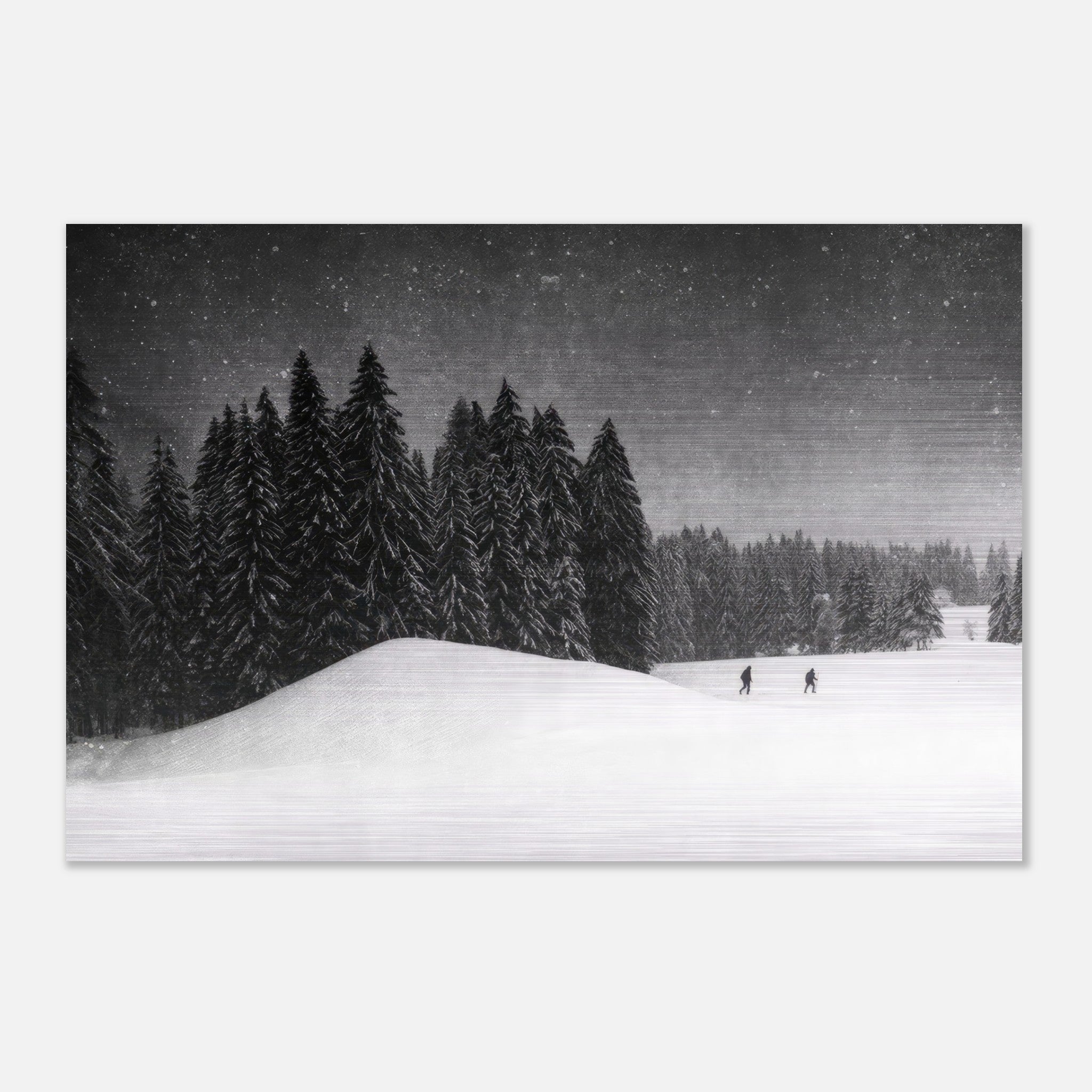 Brushed metal artwork of a winter landscape with evergreen trees and two figures in snow.