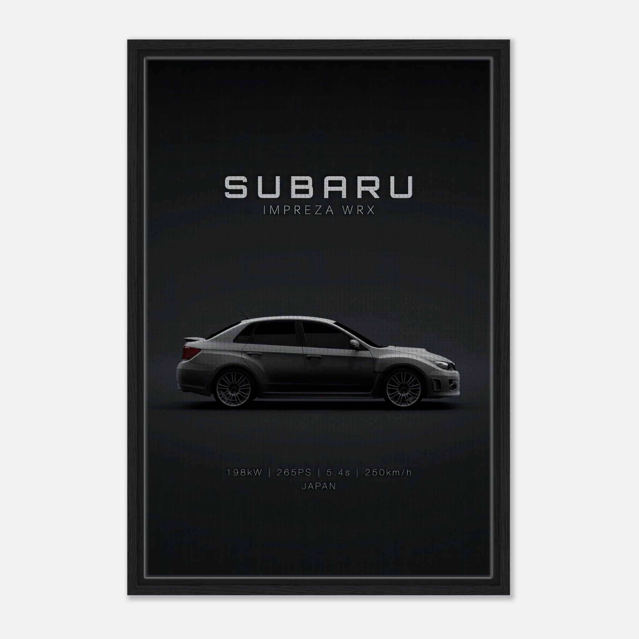 Subaru WRX framed canvas featuring a side profile view with specifications and minimalist design.