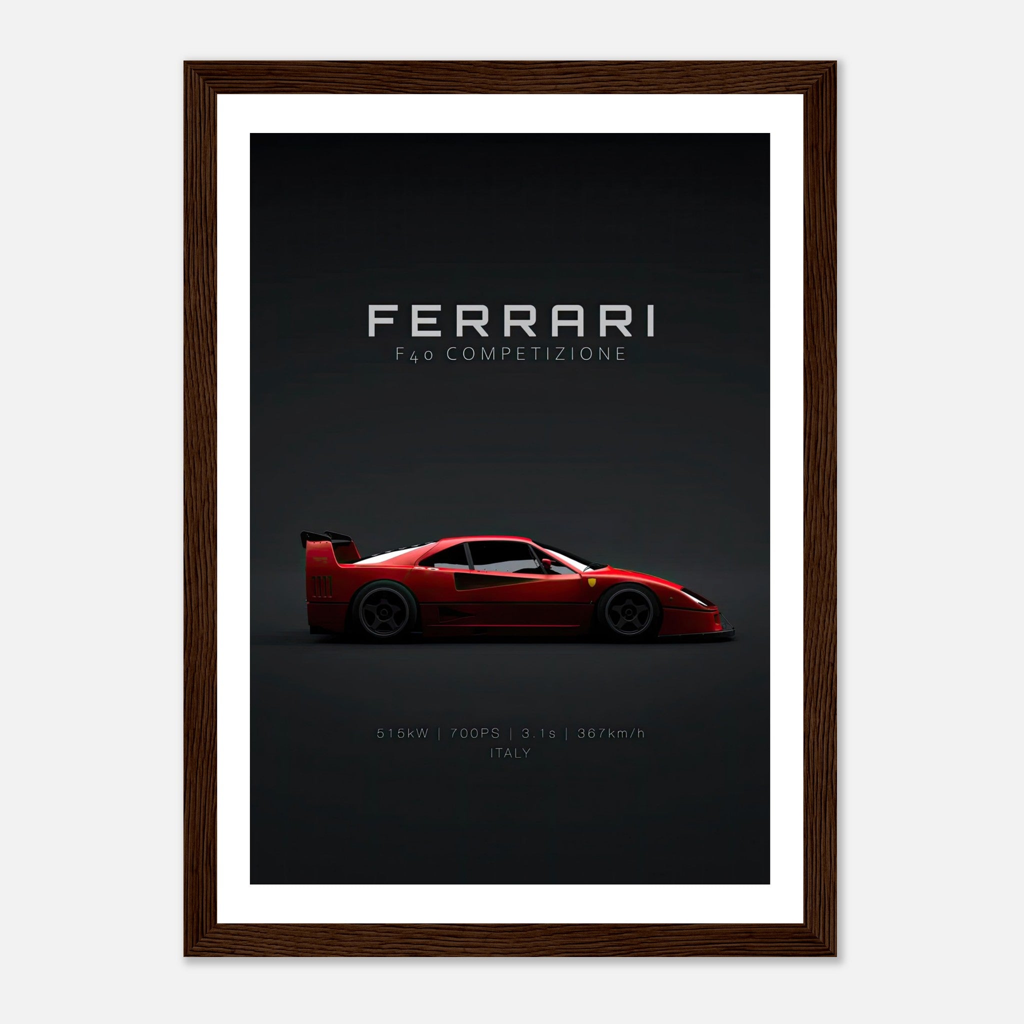 Ferrari F40 Competizione framed poster showcasing sleek design and vibrant red color against a dark backdrop.