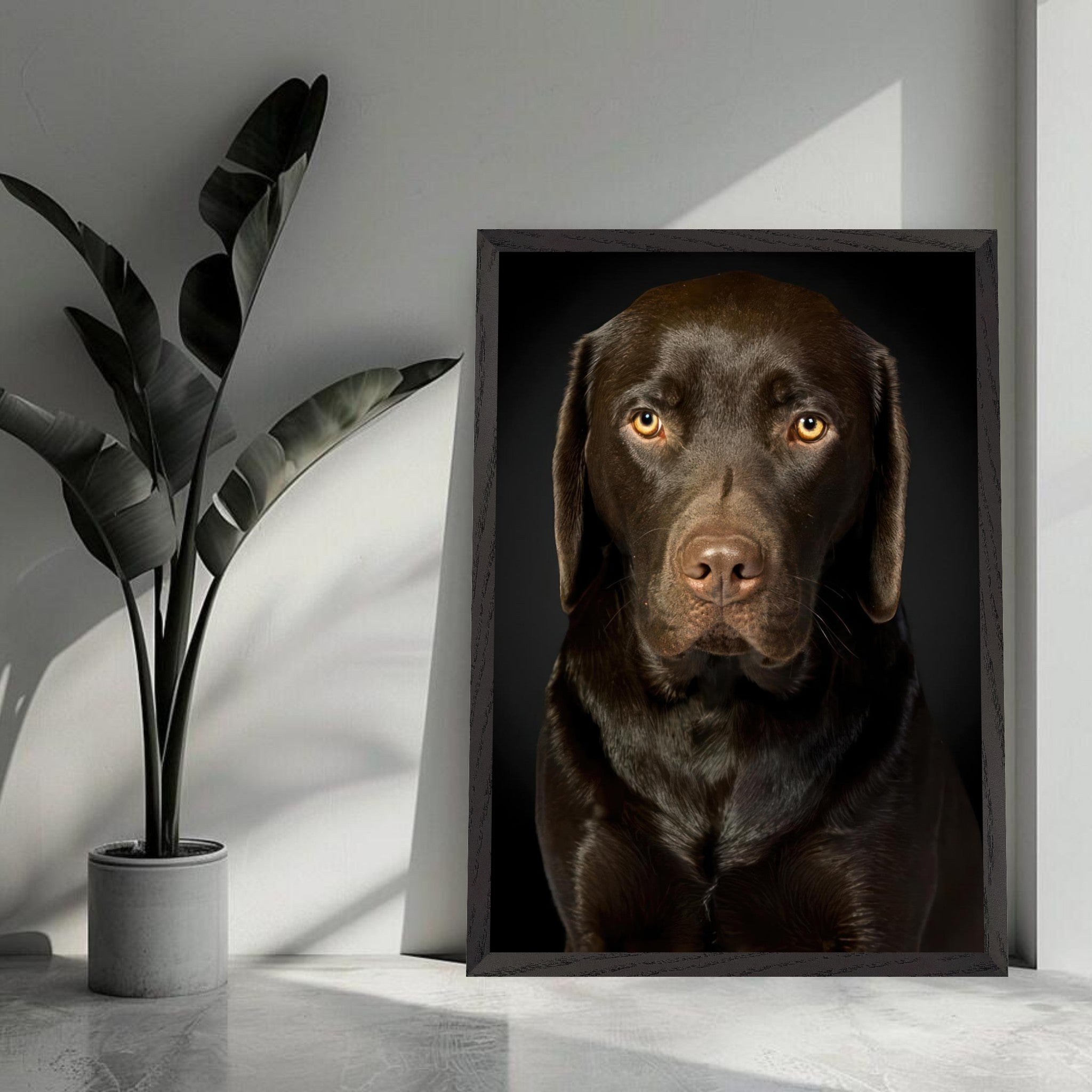 Chocolate Labrador portrait showcasing detailed features and soulful gaze, perfect for dog lovers and art enthusiasts.