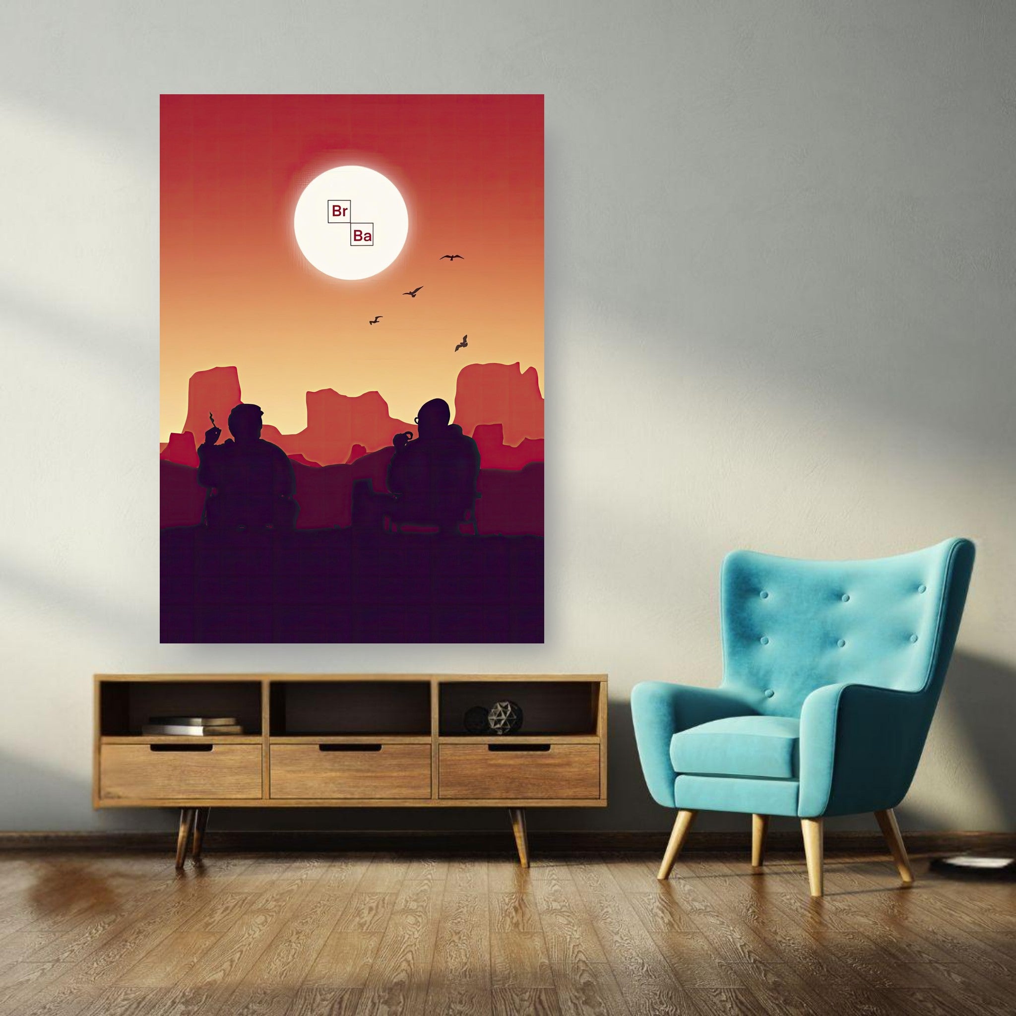 Sunset Breaking Bad metal poster featuring iconic duo in a vibrant desert landscape, perfect for fans of the series.