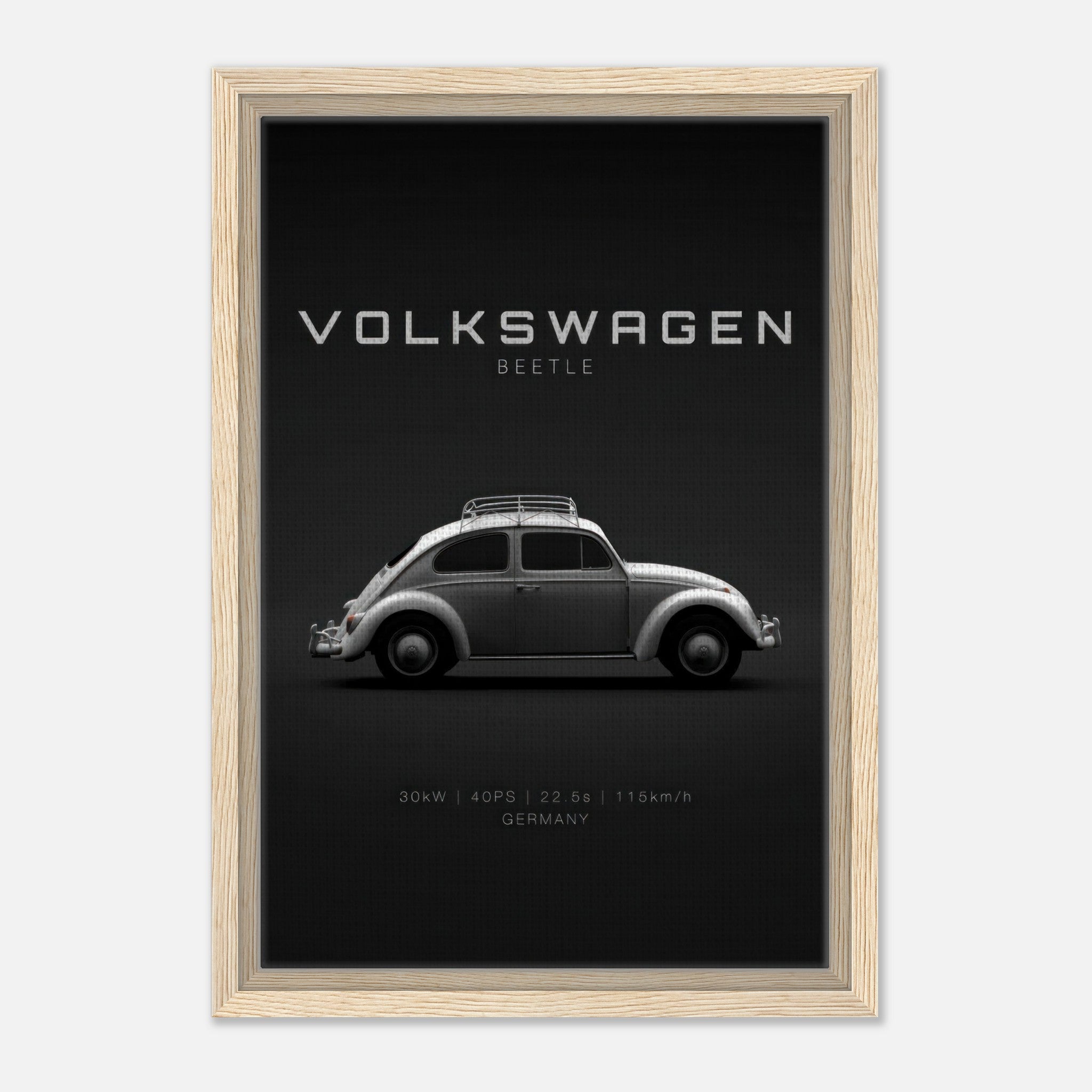Framed canvas of a Volkswagen Beetle showcasing retro design on a black background with minimalist typography.