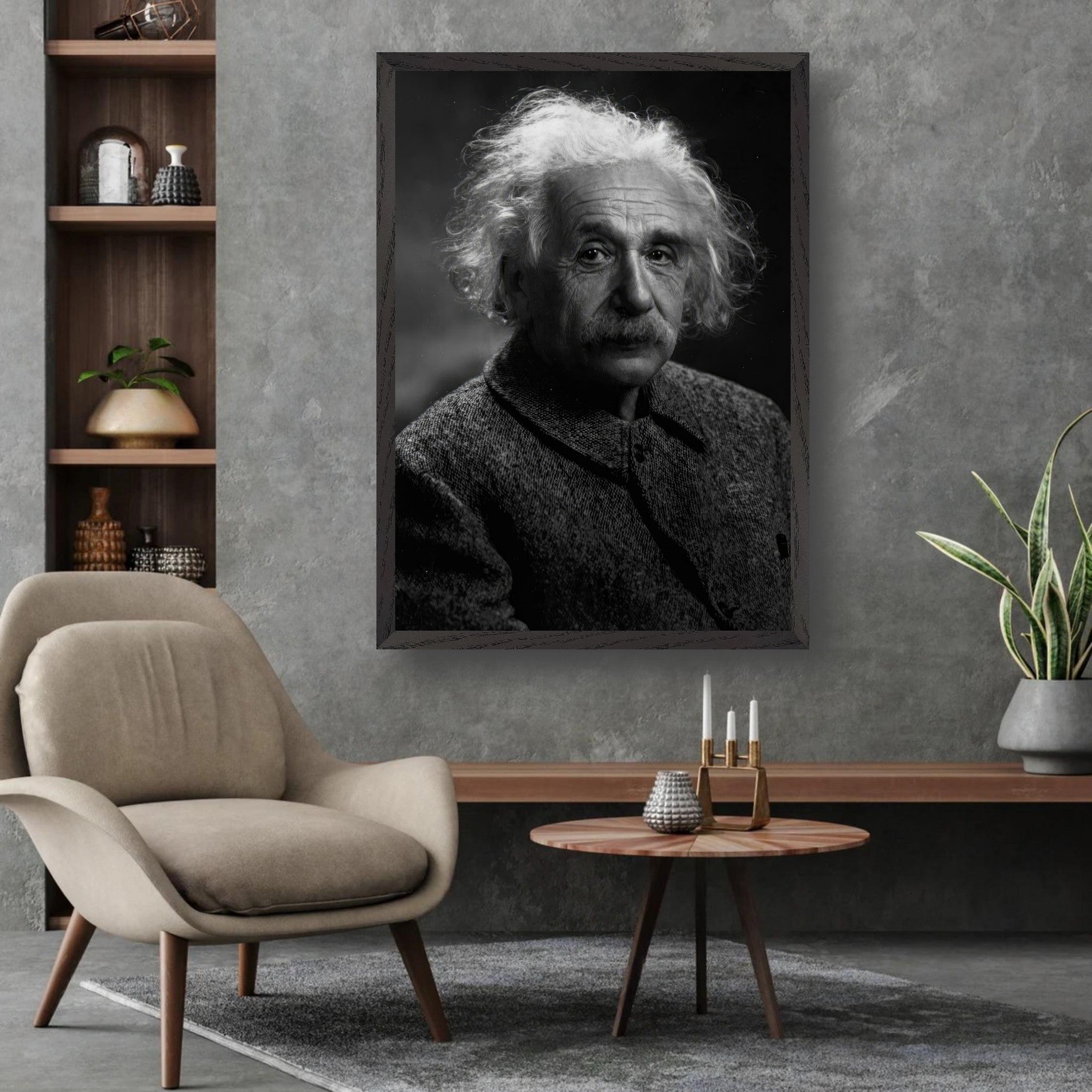 Museum-quality portrait of Albert Einstein in black and white, showcasing his iconic features.