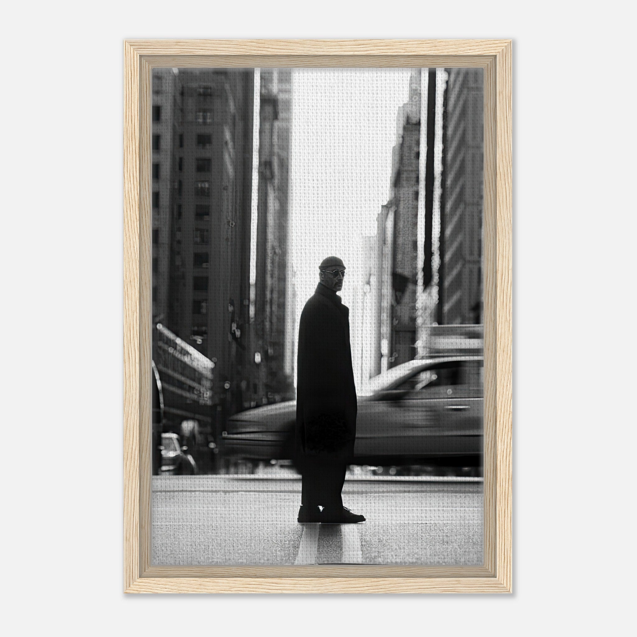Jean Reno as Leon in New York framed canvas art, showcasing urban elegance in a black-and-white composition.