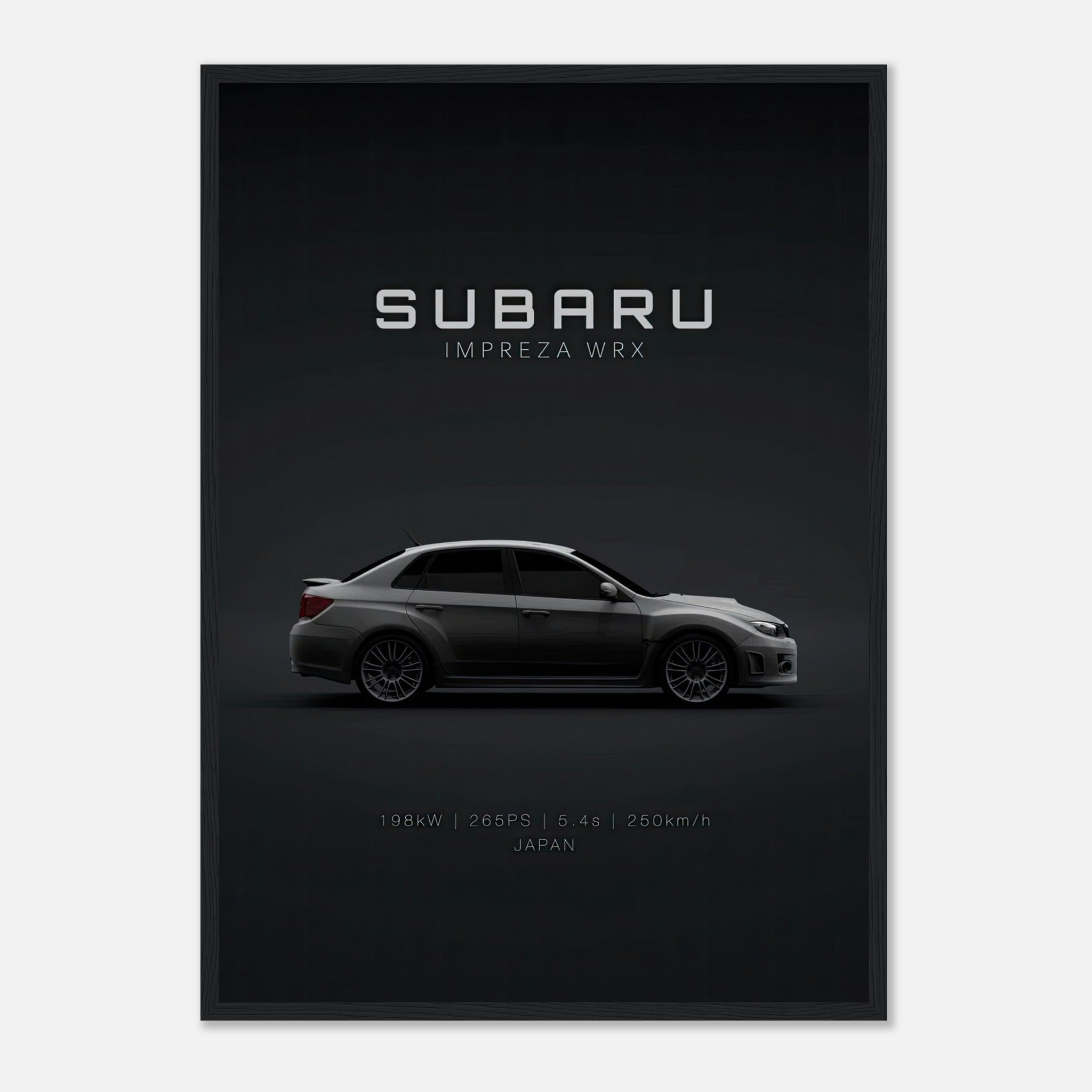 Subaru WRX framed poster showcasing sleek design and performance details against a dark background.