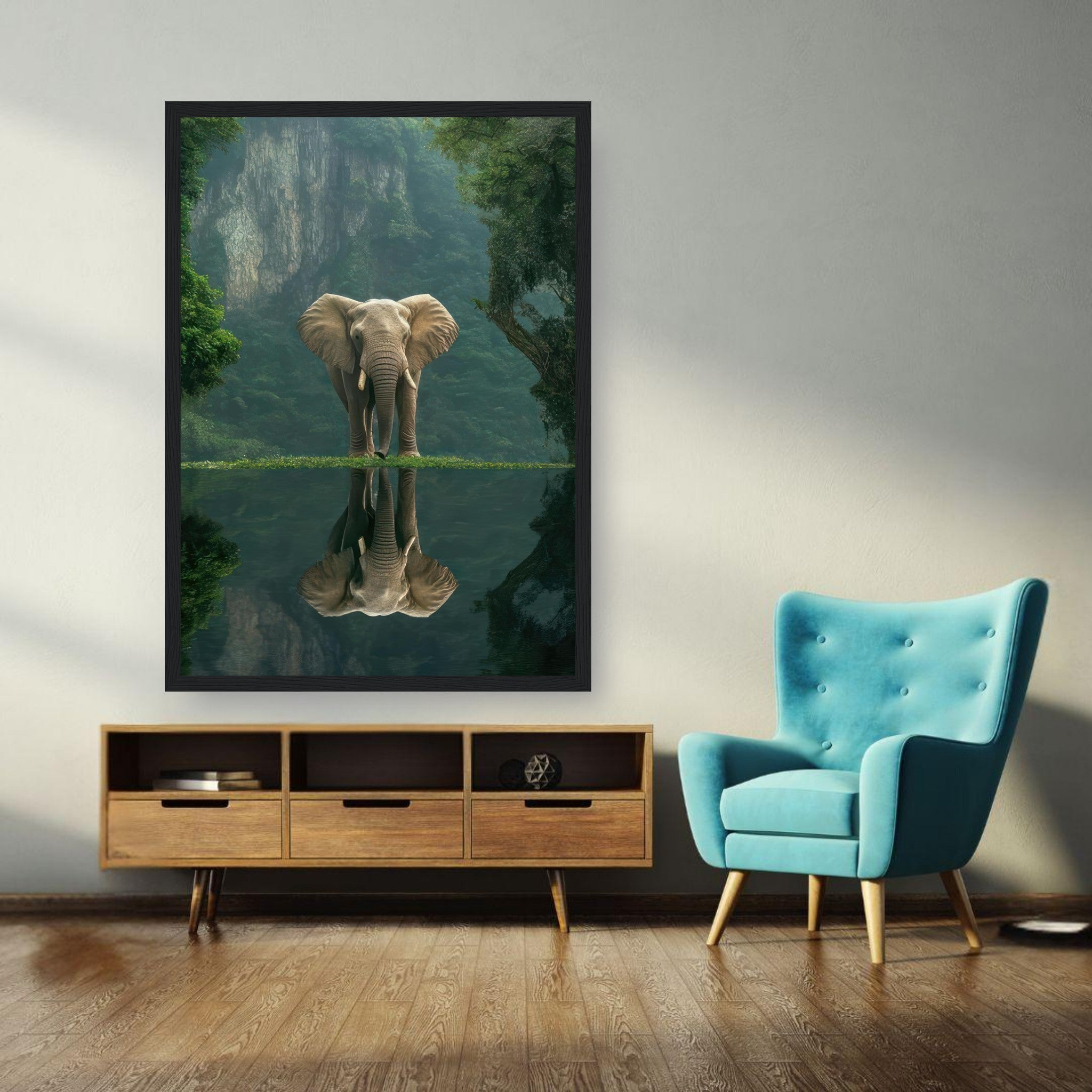 Jungle Elephant Portrait framed print showcasing a majestic elephant by serene water reflection in a lush green setting.