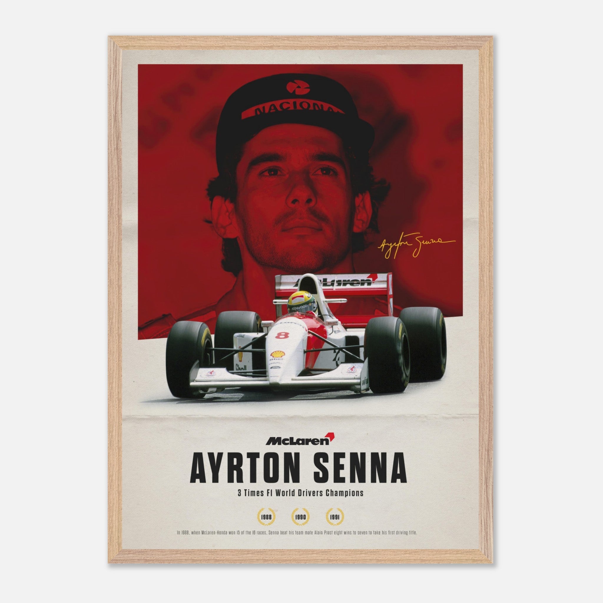 Vintage framed art of Ayrton Senna with his McLaren car, featuring his signature and championship years.