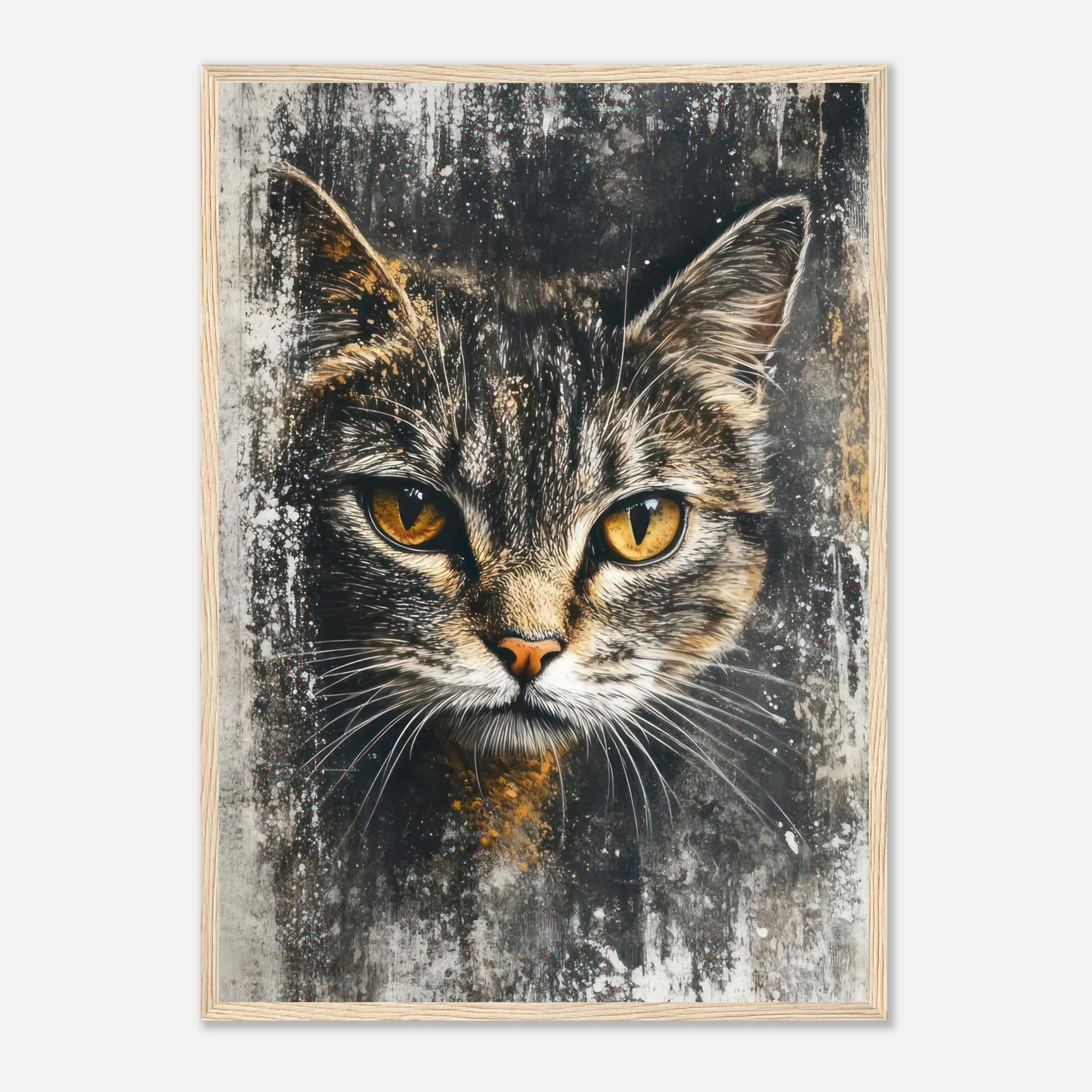 Cat painting artwork framed print featuring a close-up of a cat with golden eyes and textured background.