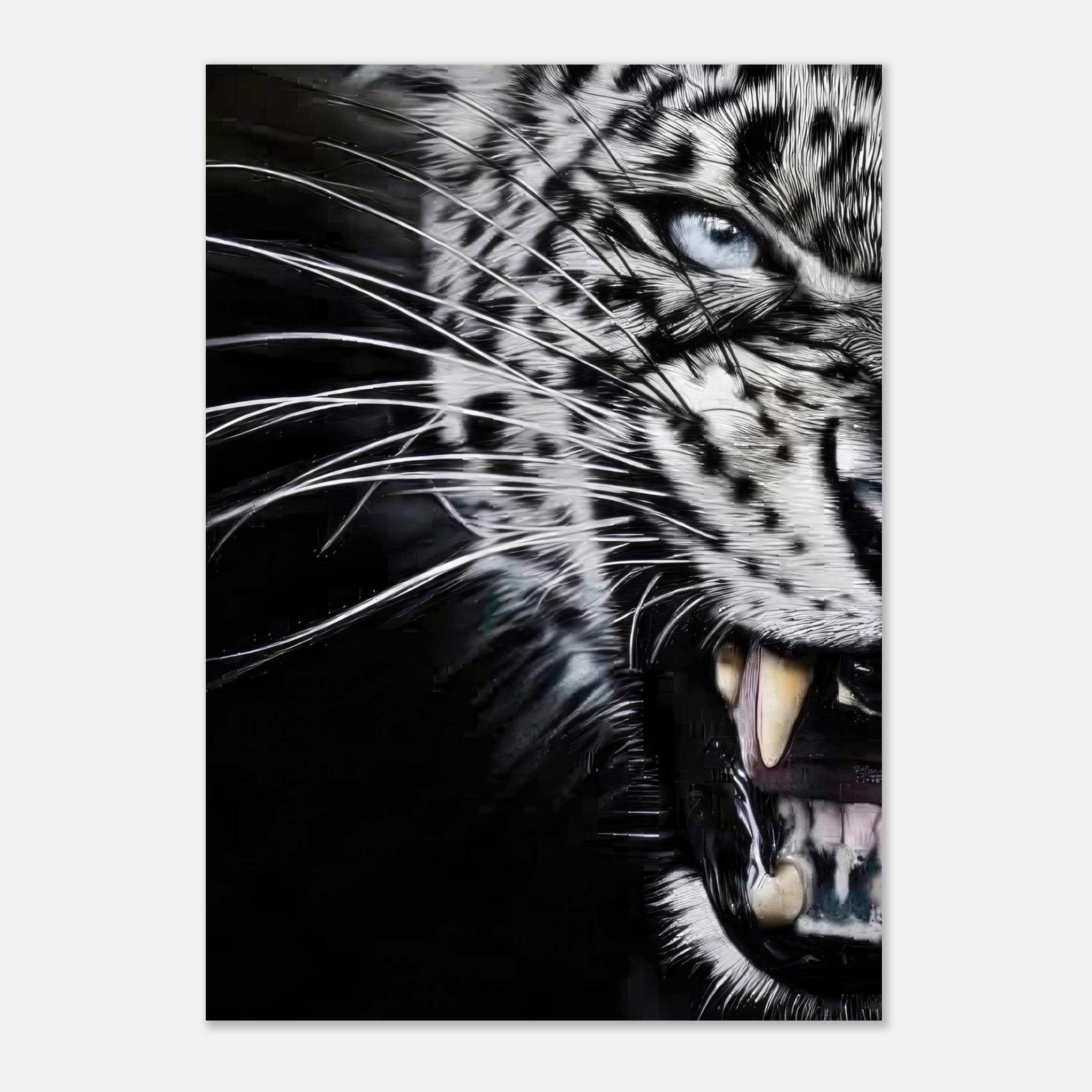 Close-up portrait of a fierce leopard showing sharp teeth and intense eyes on a dark background.