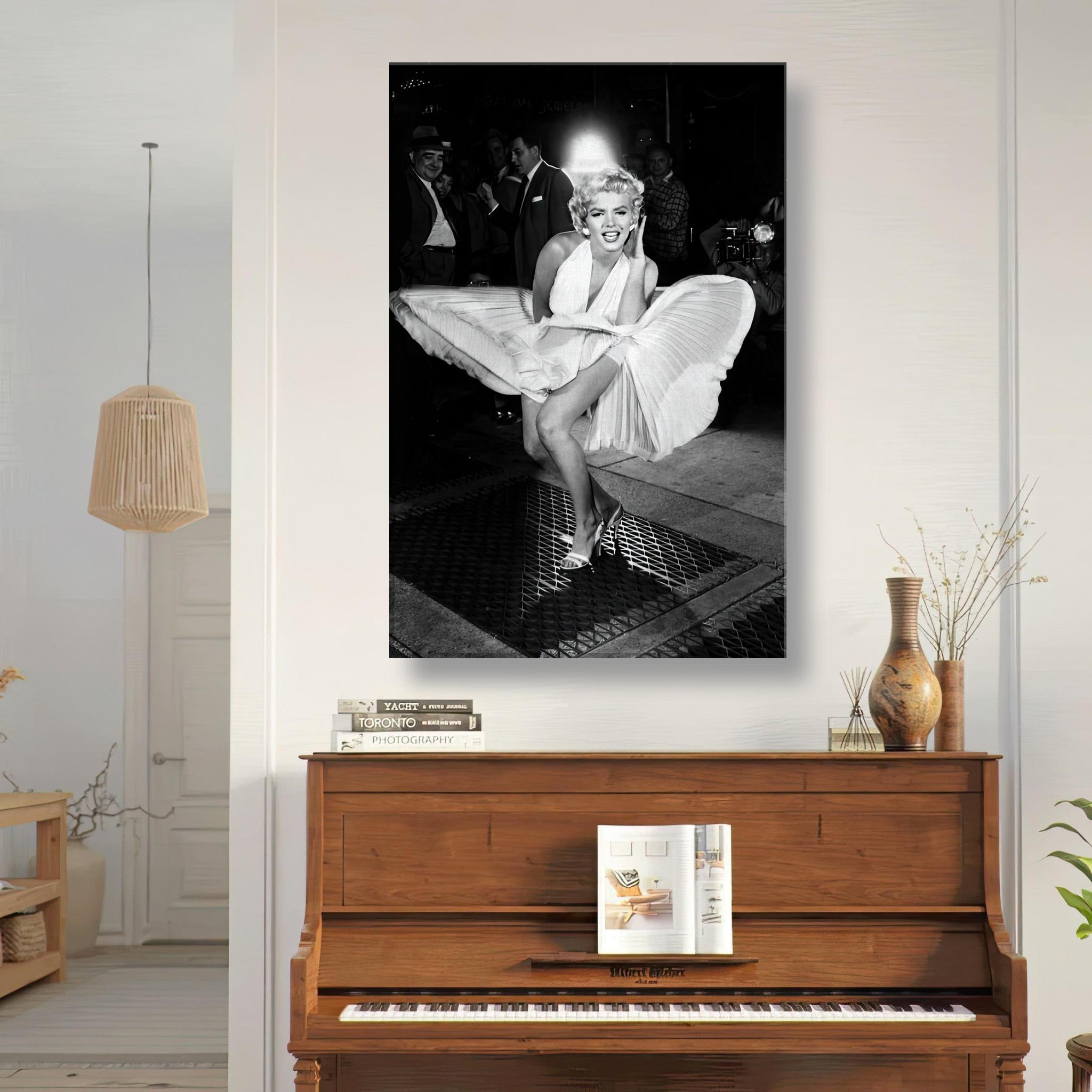 Marilyn Monroe in white dress wind-blown photograph canvas print, showcasing Hollywood glamour in classic black-and-white.