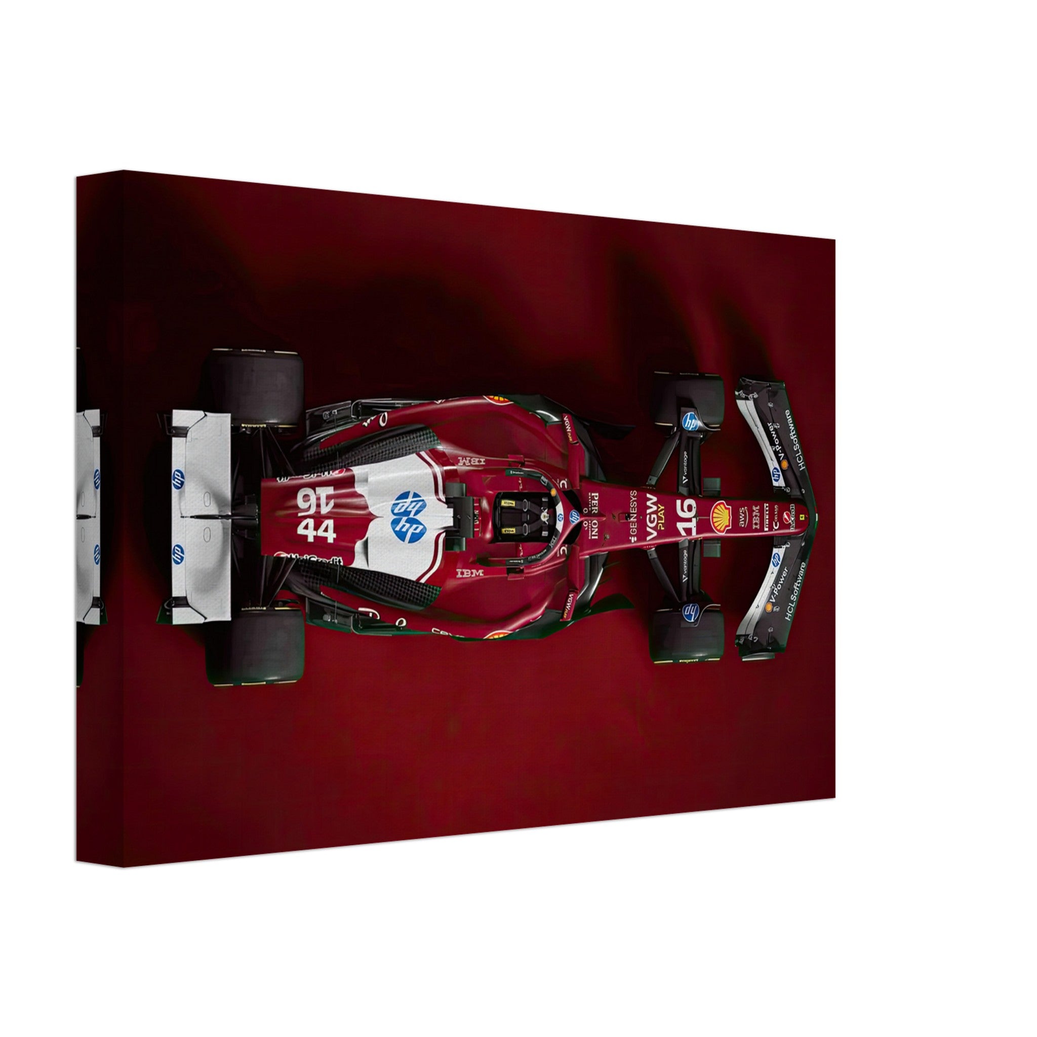 Ferrari F1 2025 canvas print featuring a top-down view of the sleek race car with detailed red livery.