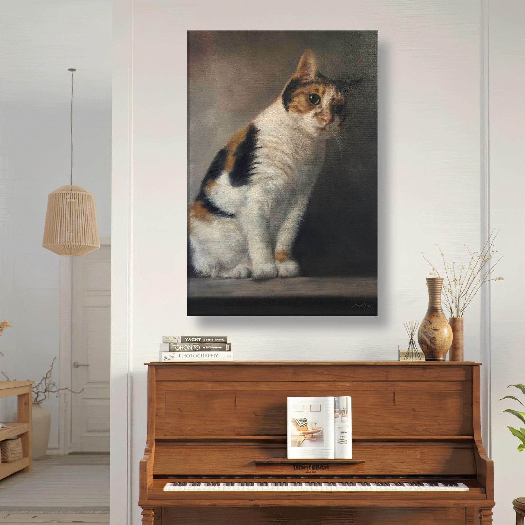 Realistic cat portrait painting canvas print displayed in a cozy living room above a wooden piano.