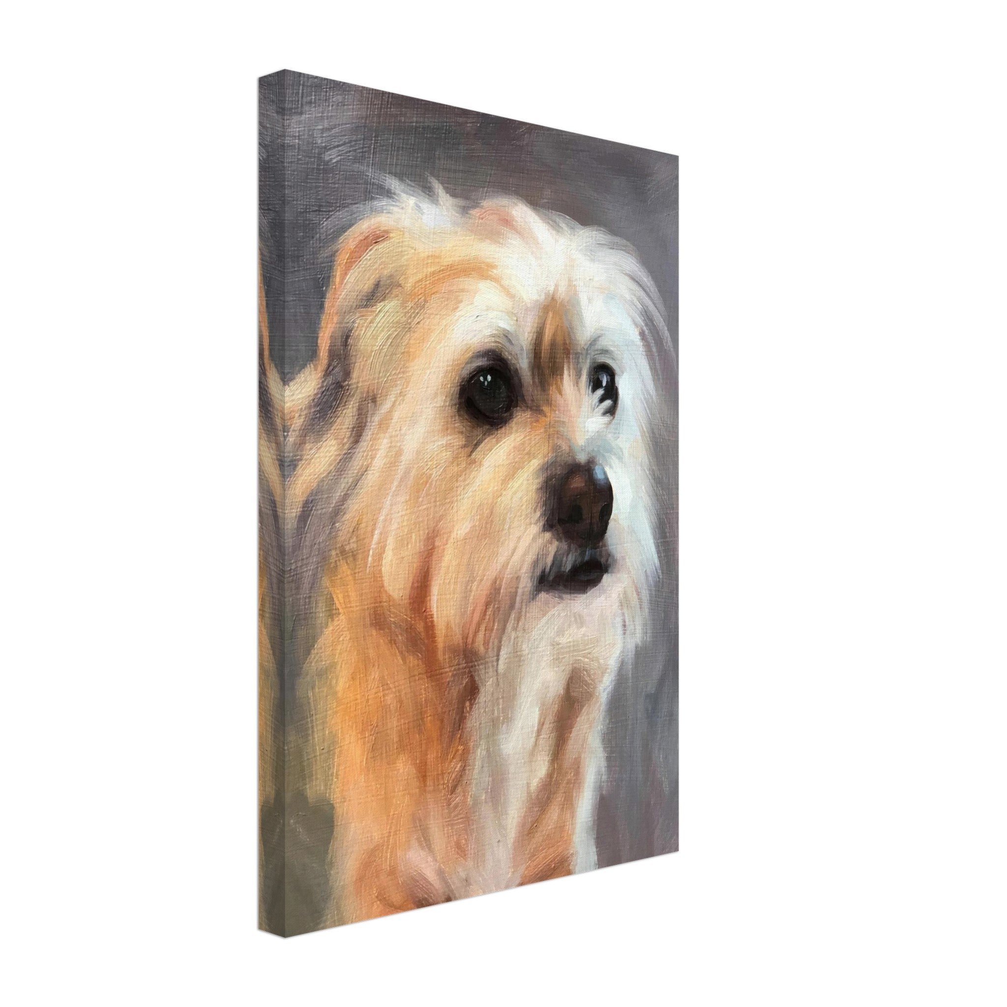 Terrier dog painting canvas print showcasing a lifelike portrait with expressive eyes and warm brushstrokes.