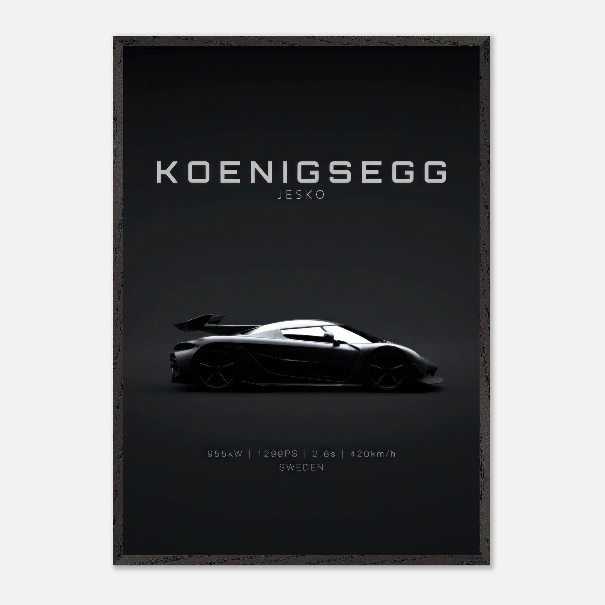 Koenigsegg Jesko vintage framed art featuring sleek car silhouette on black background.