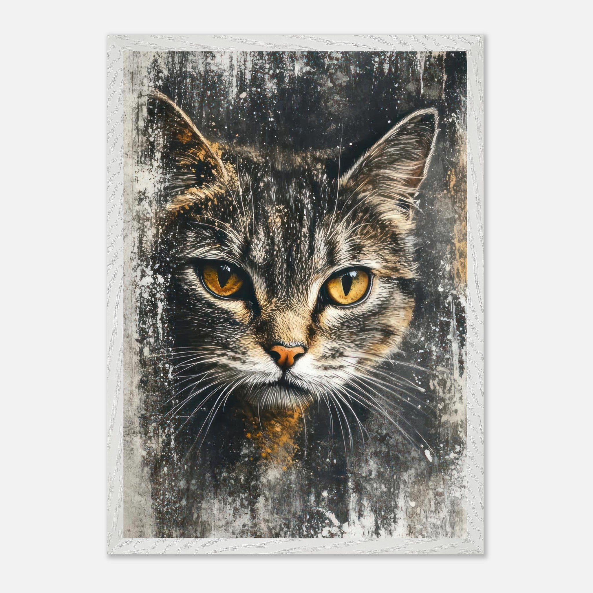 Cat painting artwork with piercing golden eyes and detailed fur on textured background, museum-quality fine art.