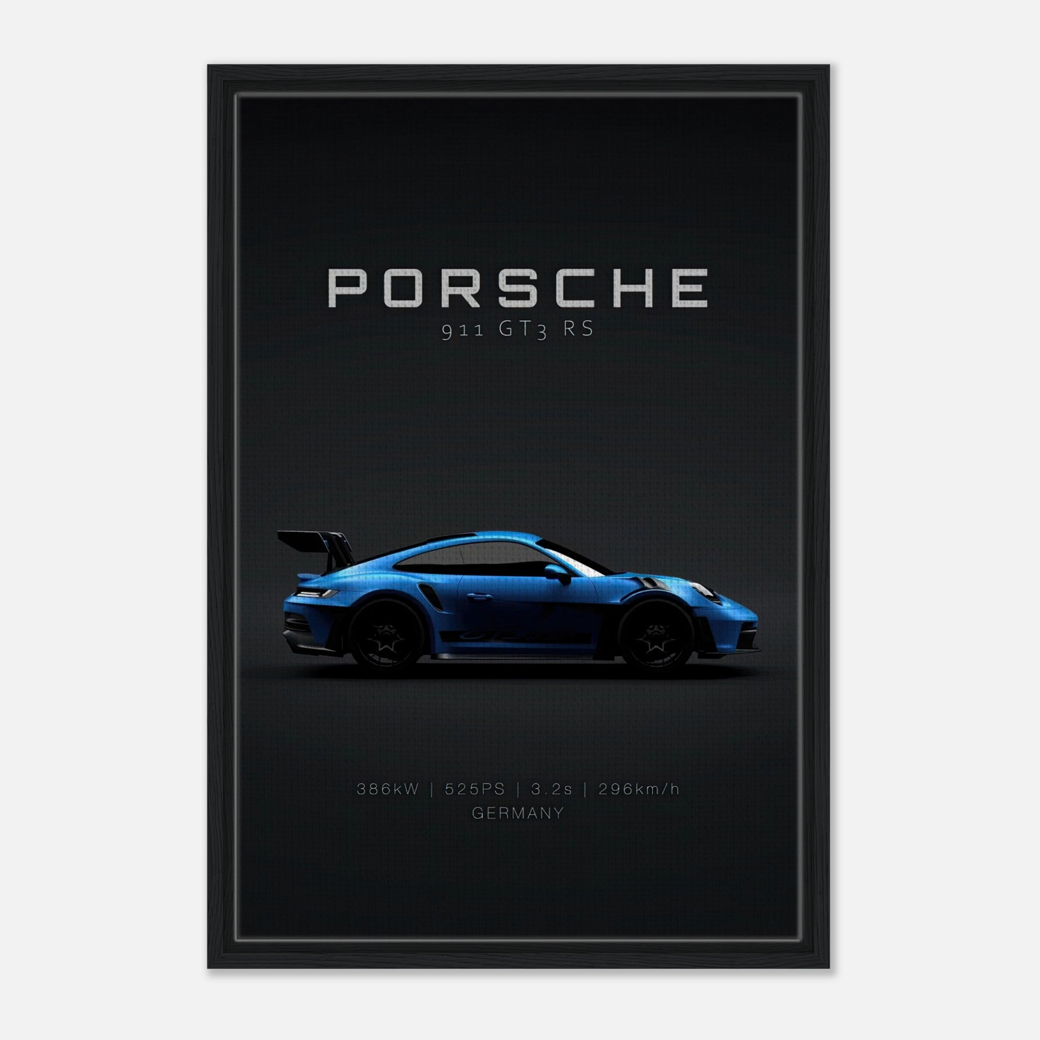 Porsche 911 GT3 RS framed canvas print showcasing a blue sports car on a minimalist black background.