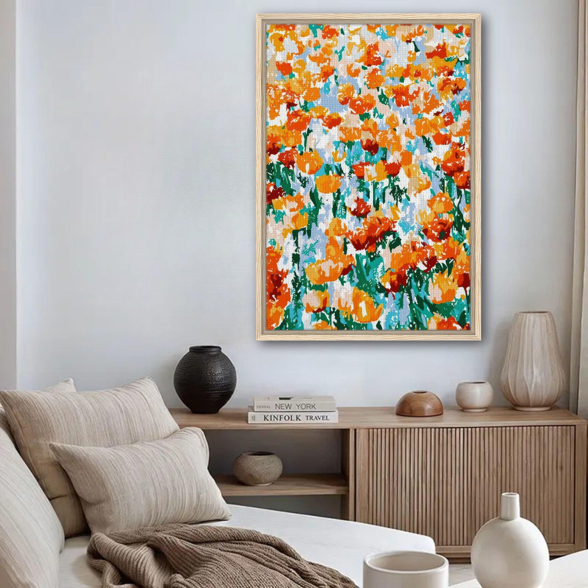 Vibrant abstract floral tulip garden framed canvas print in modern living room setting.