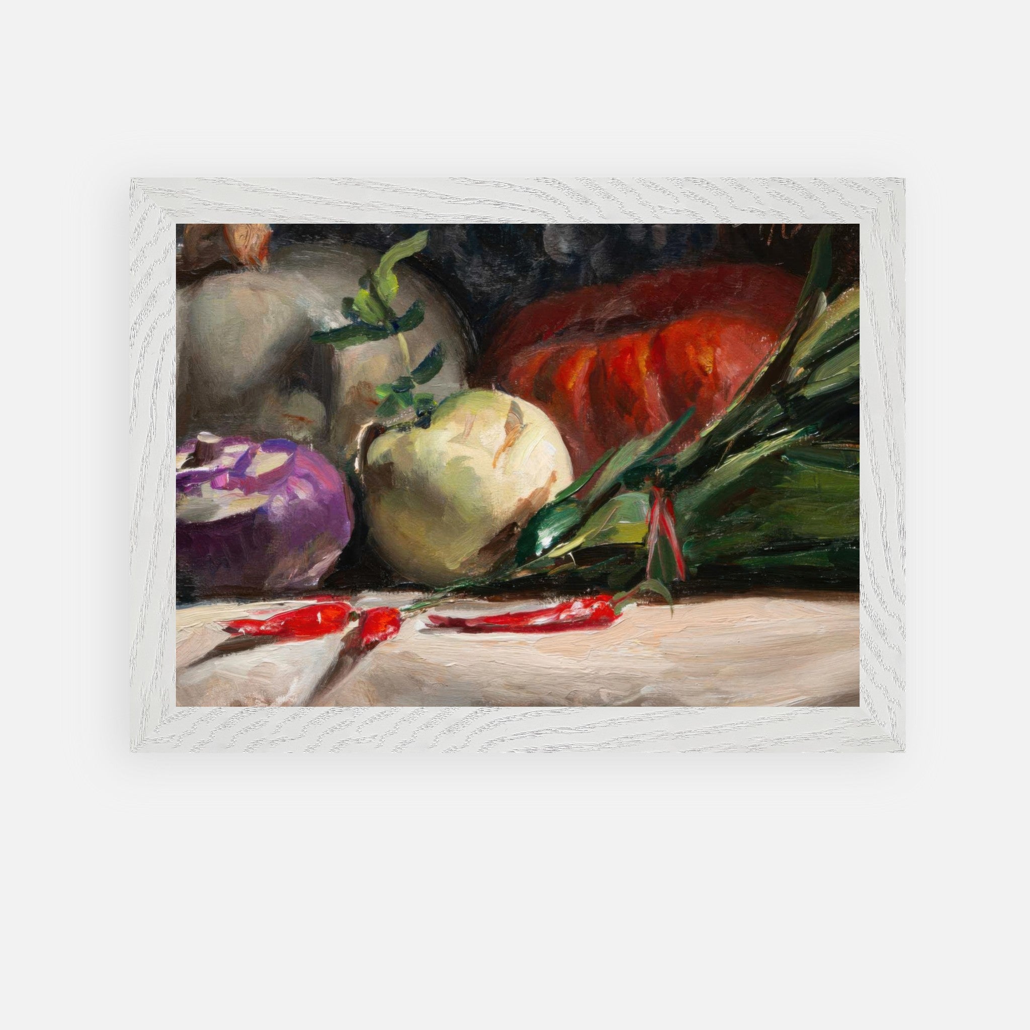 Vintage framed art featuring kohlrabi, pumpkins, and chilis in rich earthy tones, perfect for culinary decor.