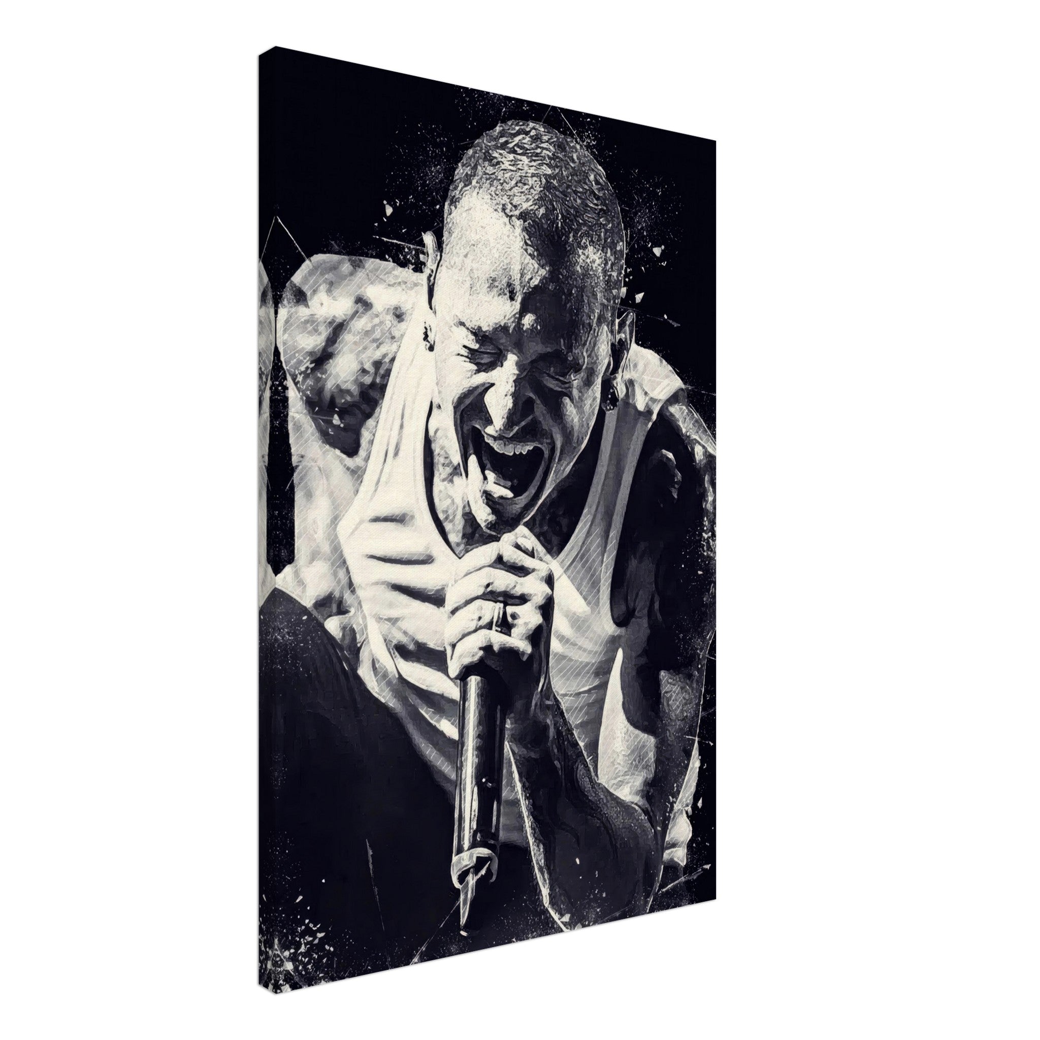 Chester Bennington canvas print showcasing the intense energy of the Linkin Park frontman in striking black-and-white design.