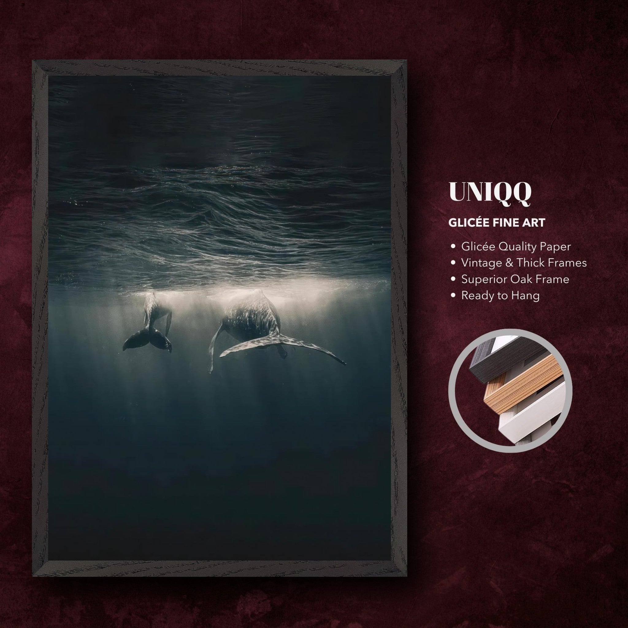 Fine art print of two whales underwater, framed in vintage oak, capturing serene deep-sea beauty.