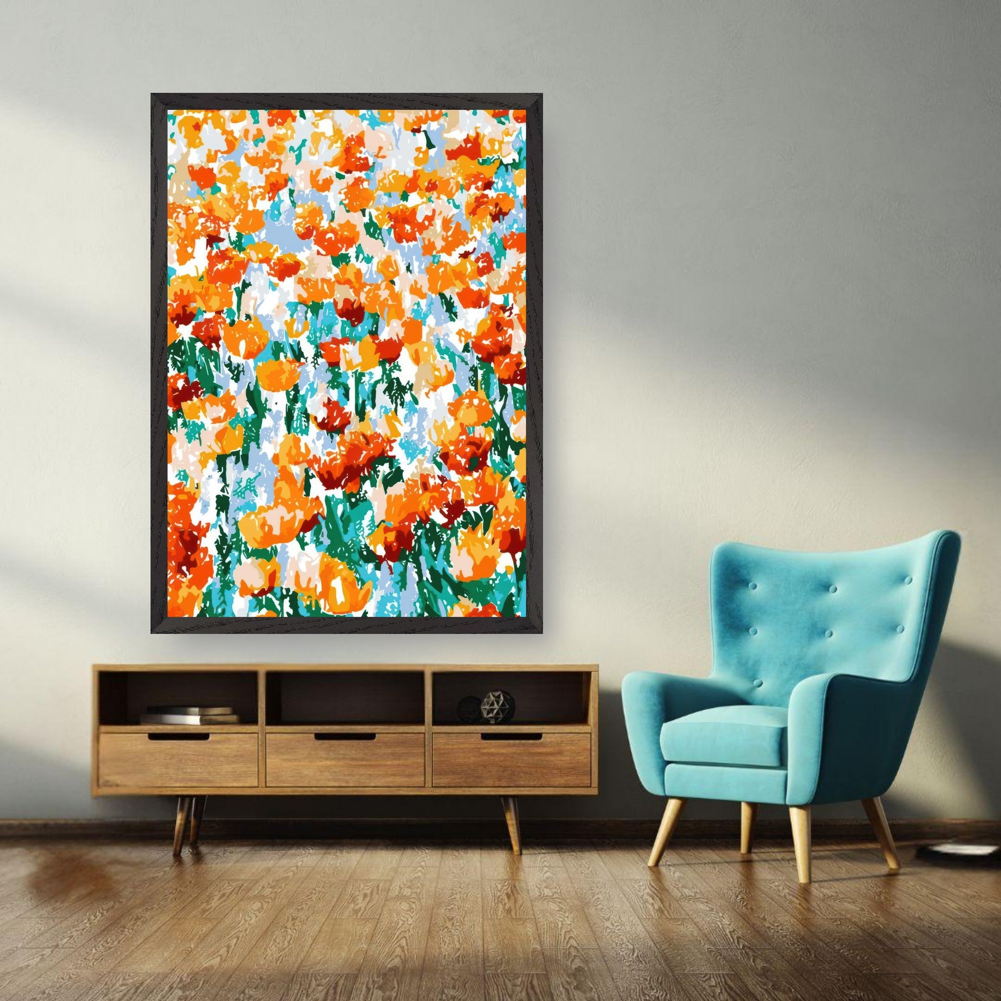Vibrant abstract floral tulip garden artwork in modern living room setting with teal chair.