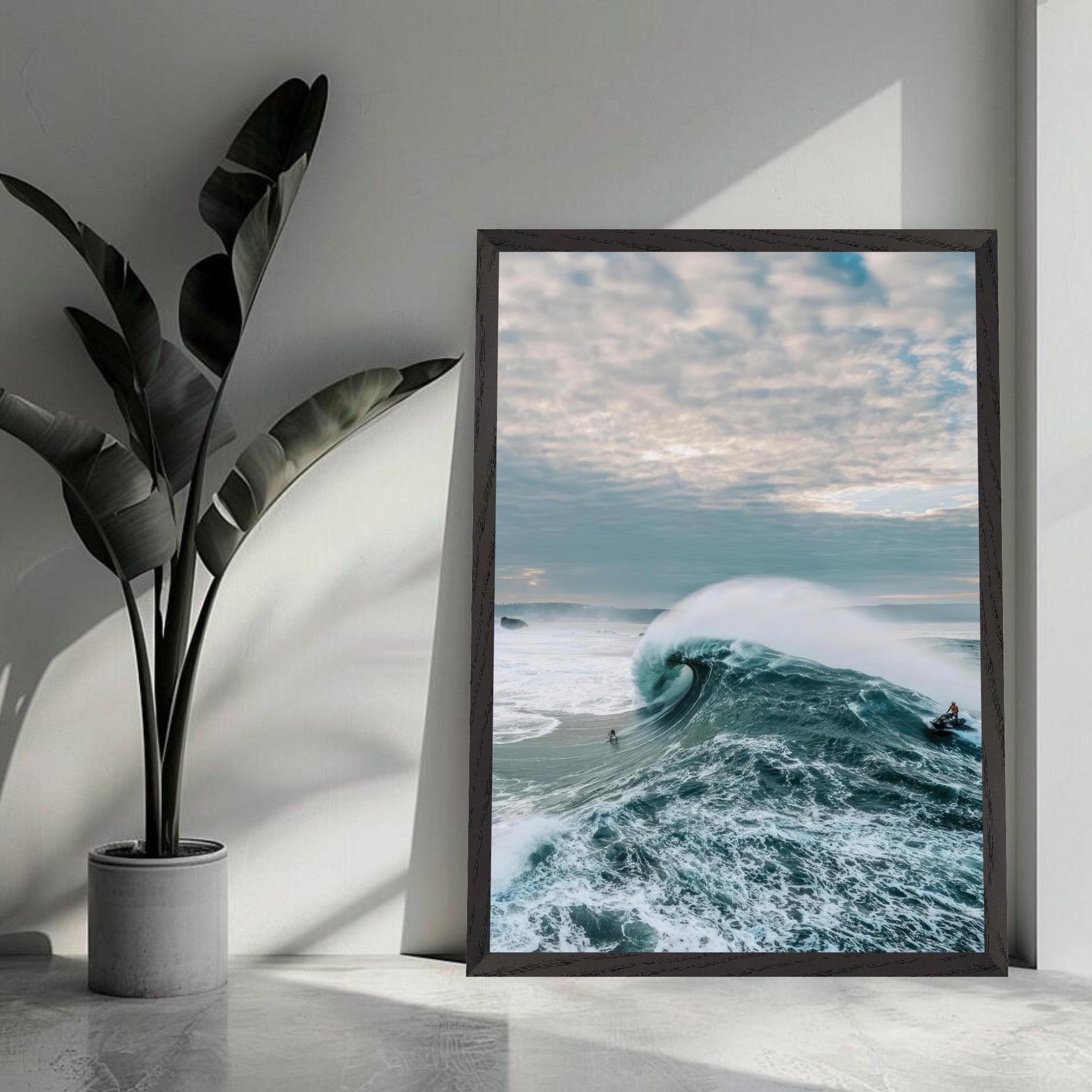 Framed fine art print of big wave surfing, showcasing a surfer riding a massive wave with dramatic ocean colors.