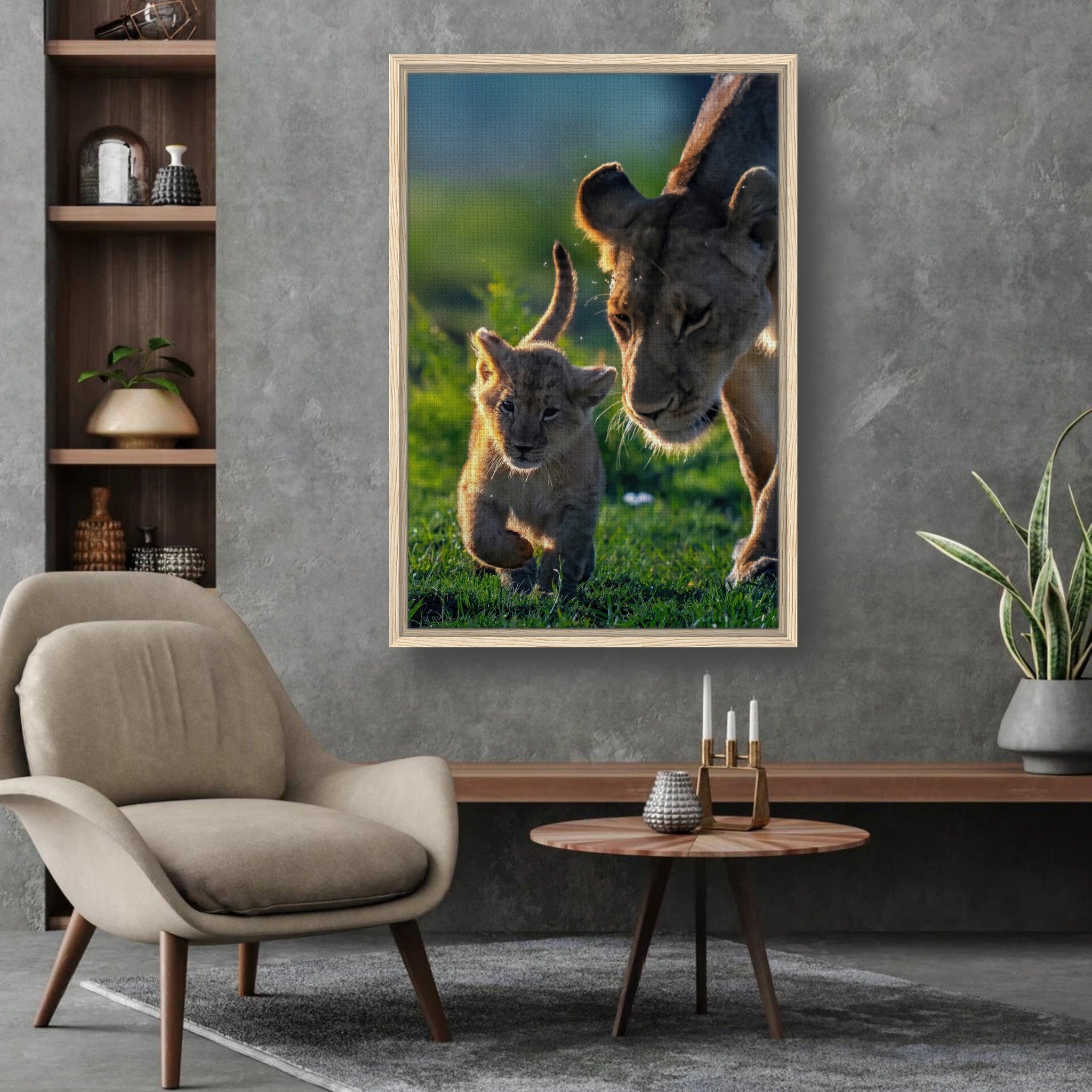 Protective Lion Mother Framed Canvas Print featuring a lioness and her cub in a lush savanna setting.