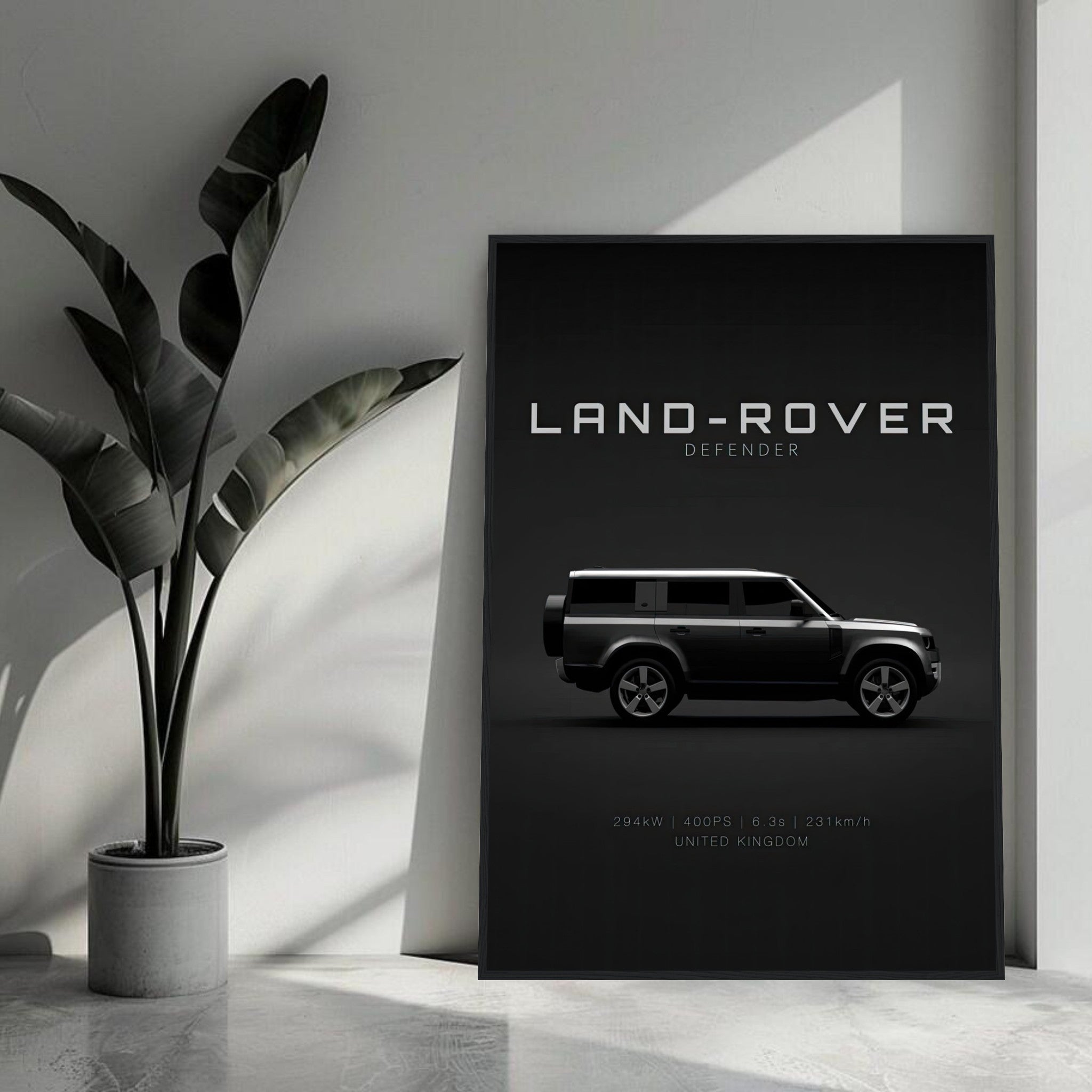 Land Rover Defender framed print showcasing a sleek side profile in a modern interior setting with greenery.