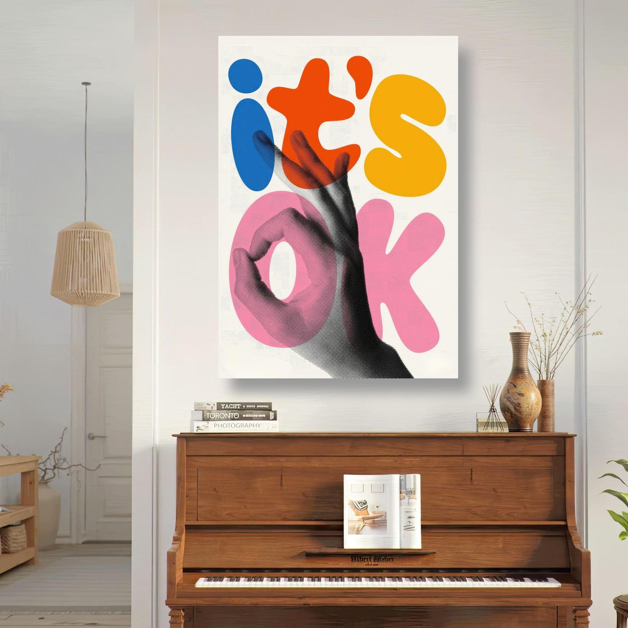 Retro abstract pop art metal print featuring playful typography in vibrant colors, displayed in a stylish interior setting.