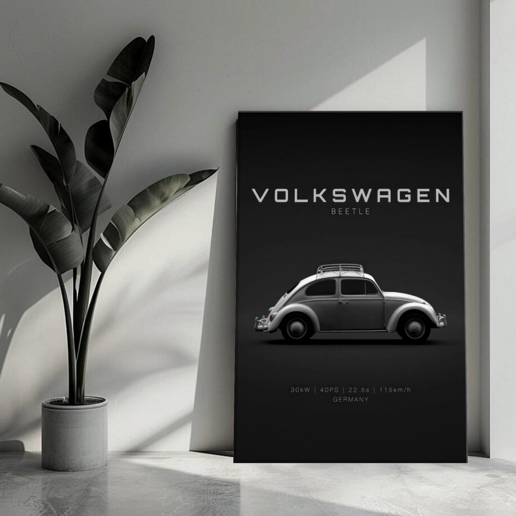 Volkswagen Beetle canvas artwork with sleek black background, showcasing classic car silhouette and minimalist typography.
