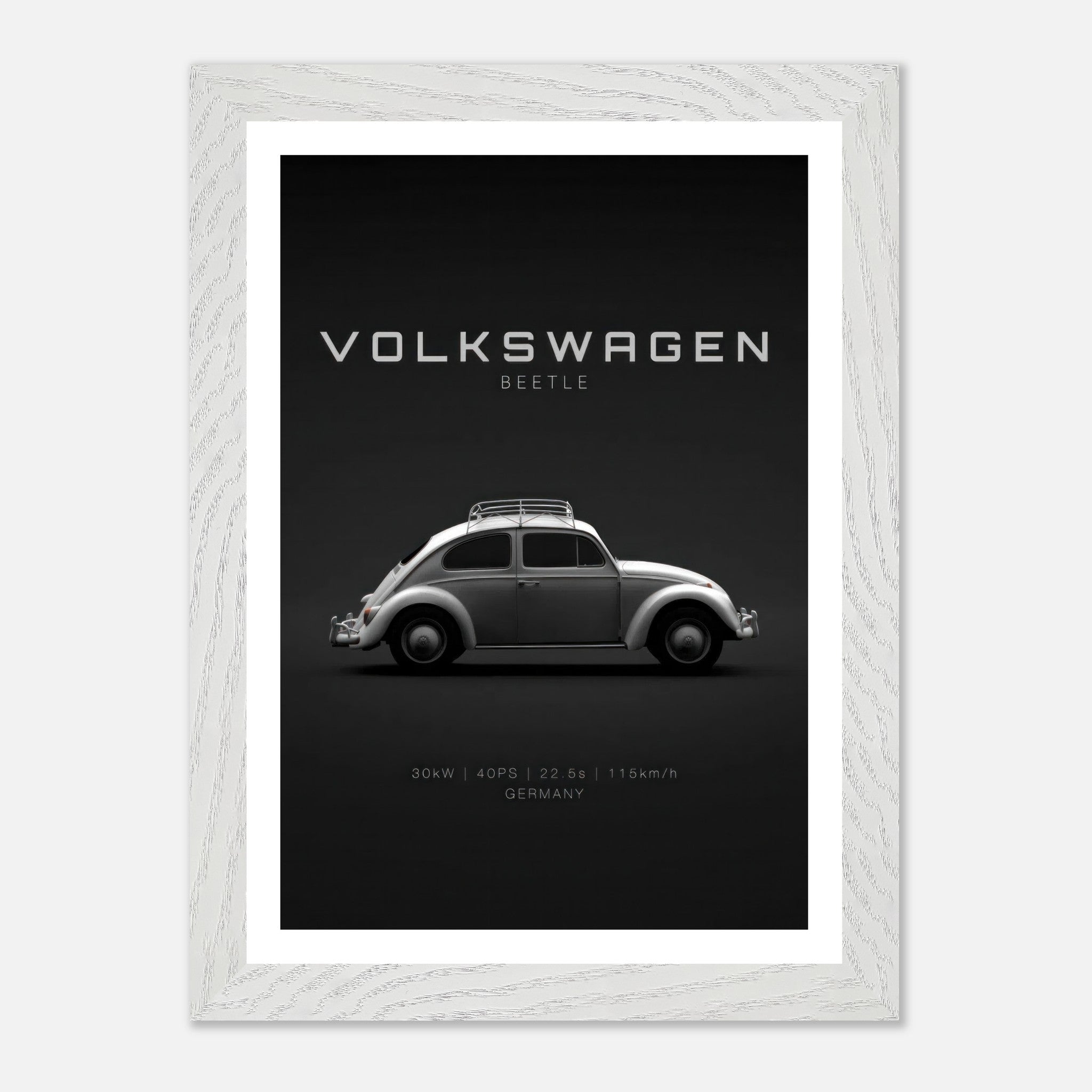 Volkswagen Beetle vintage framed art featuring a sleek silver design on a minimalist black background.