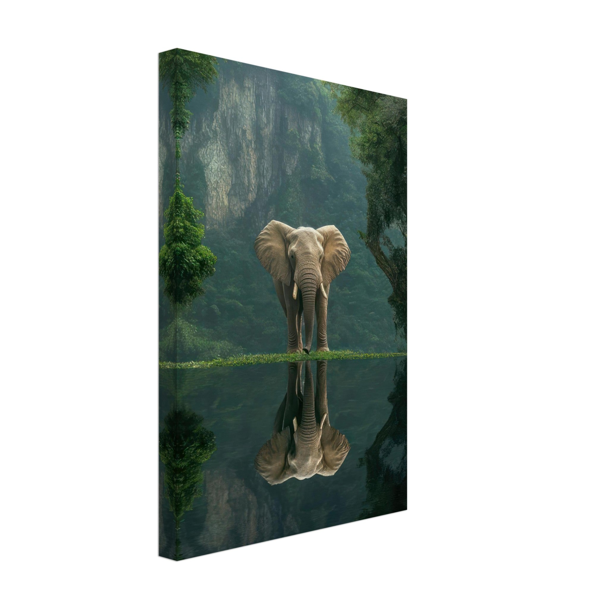 Jungle Elephant Portrait canvas print featuring an elephant by a reflective pool in a lush jungle backdrop.