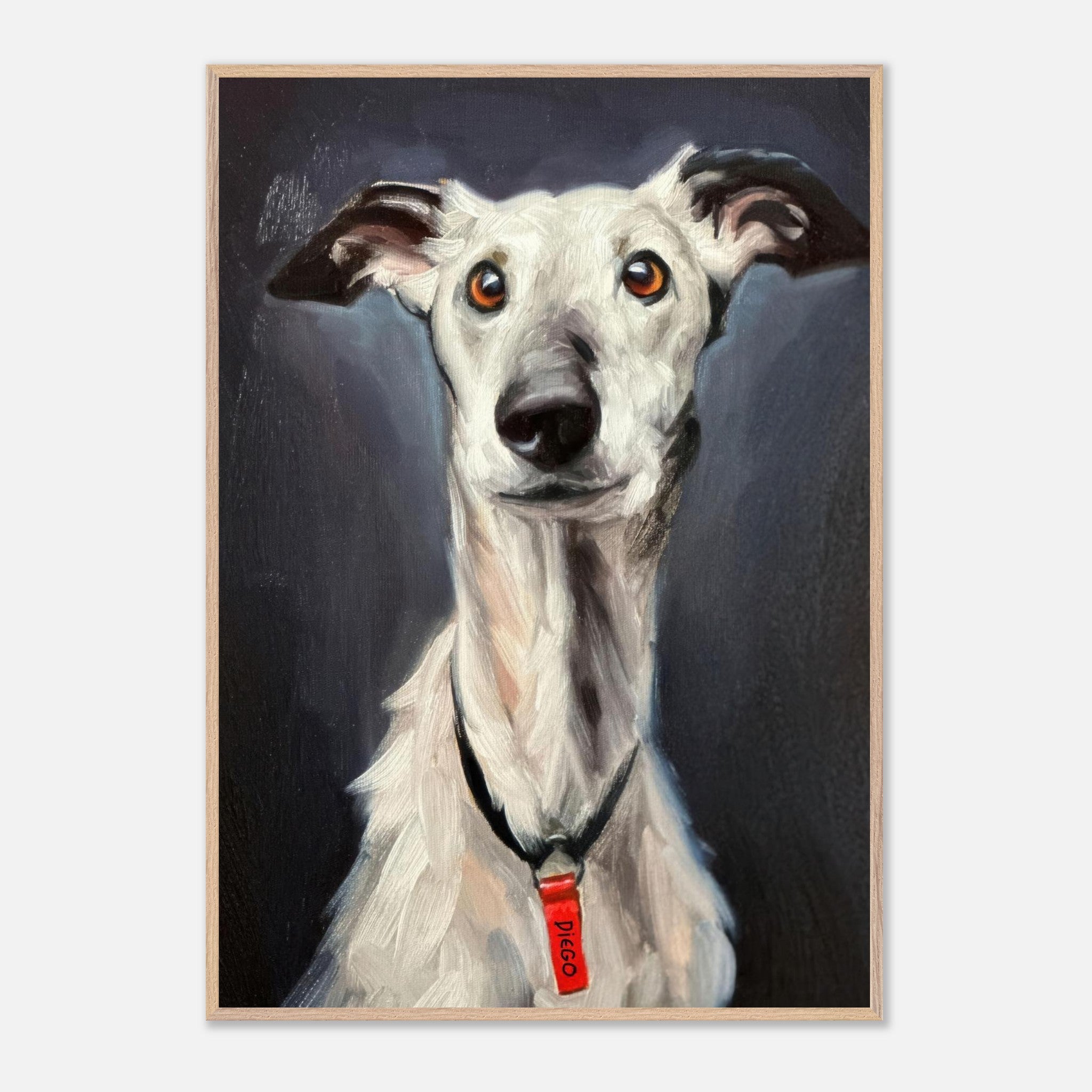 Portrait of a Greyhound dog painting, showcasing its expressive eyes and sleek features in striking colors.