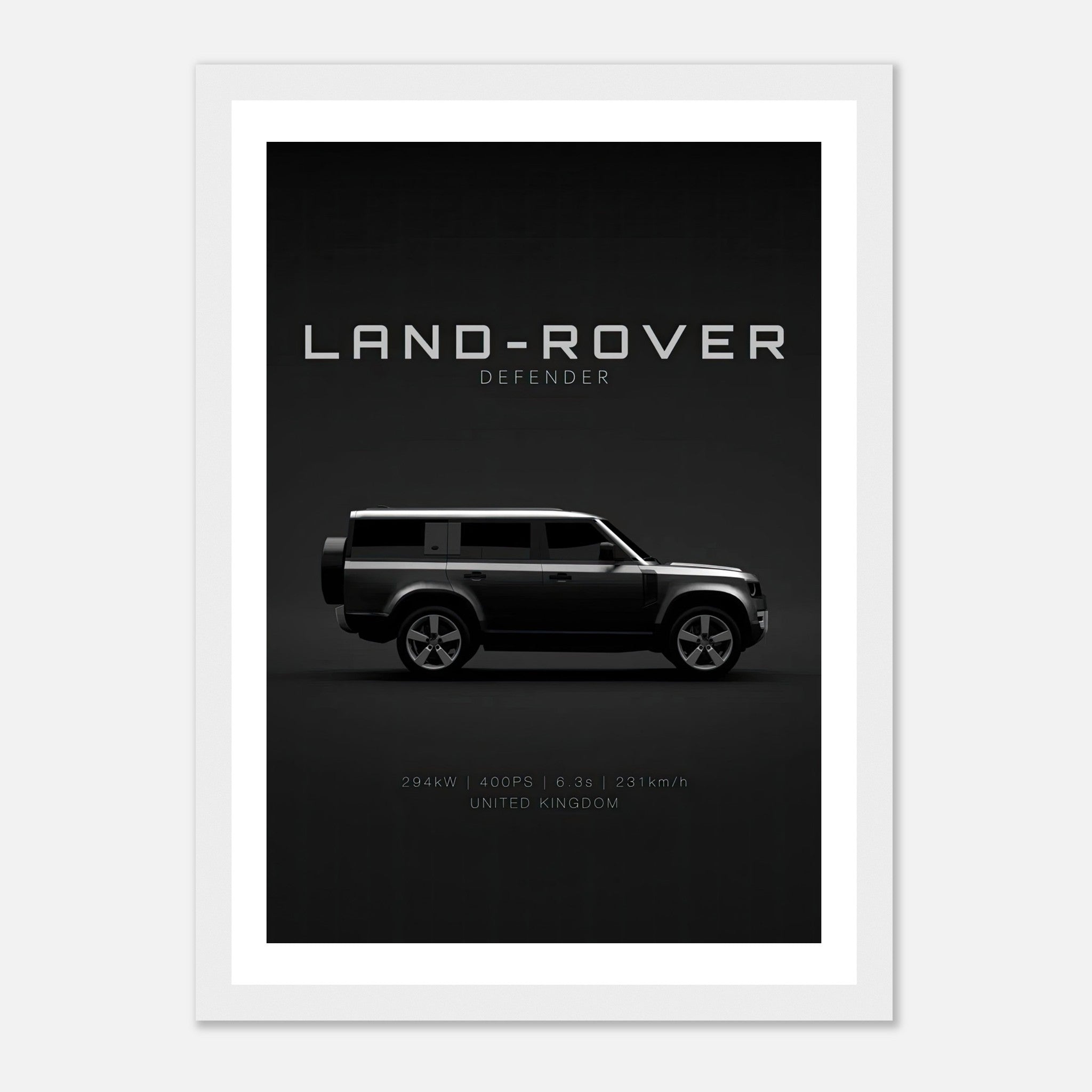 Framed print of Land Rover Defender with sleek design and minimalist style, showcasing its iconic side profile.