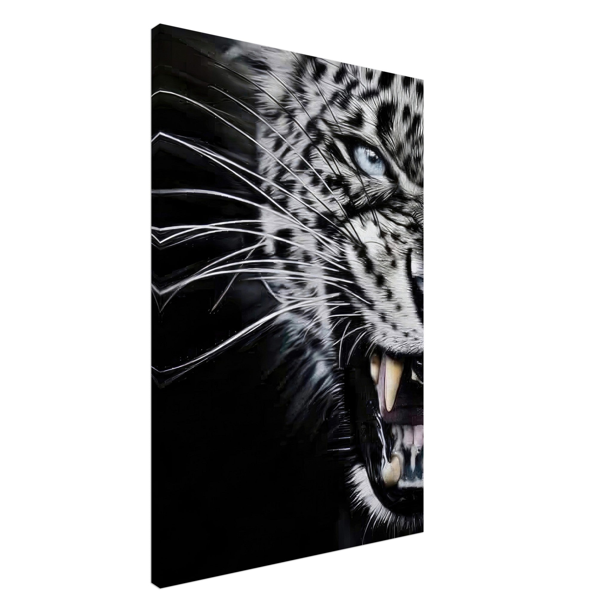 Leopard close-up portrait canvas print showcasing fierce expression and detailed features of a majestic leopard.