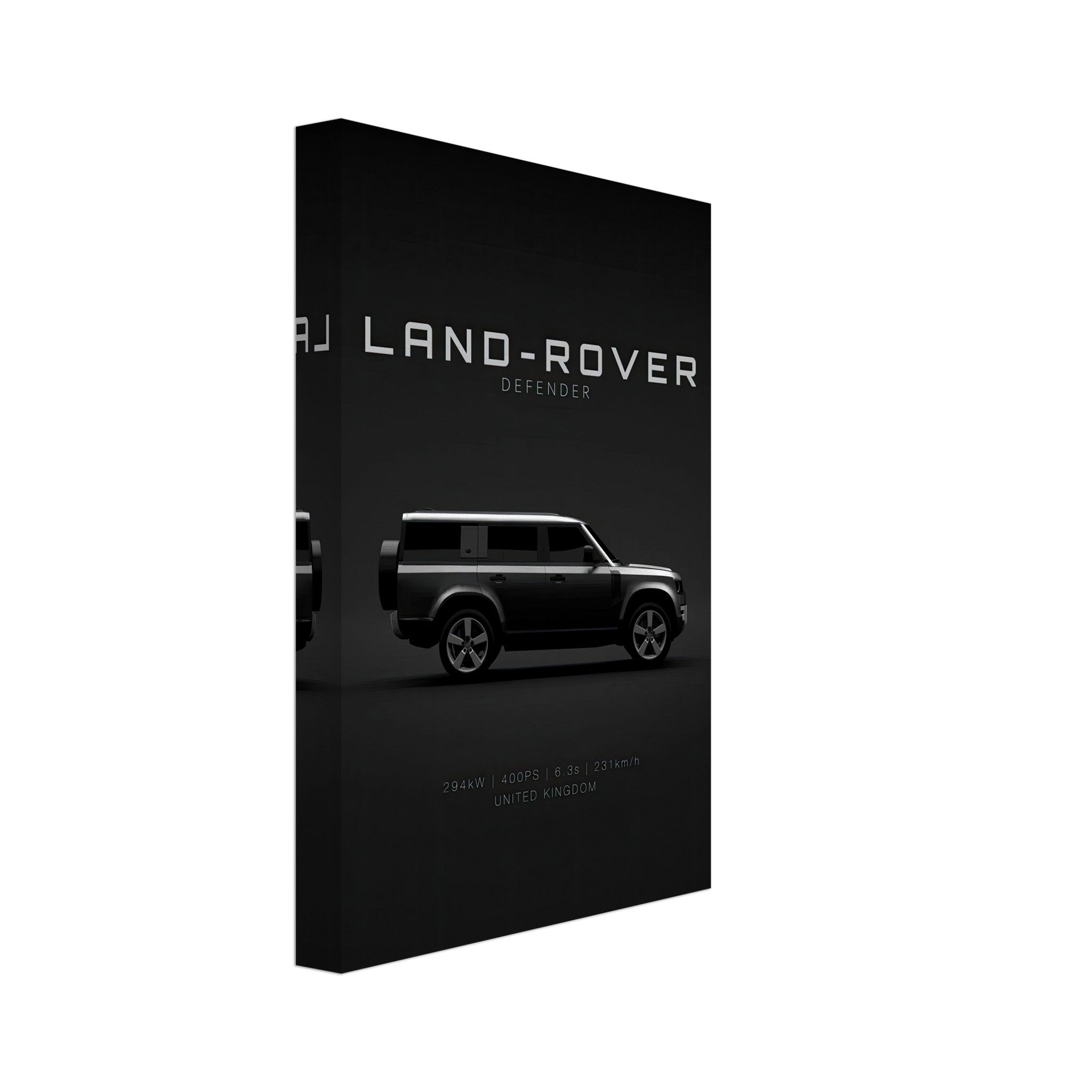 Land Rover Defender canvas artwork featuring elegant side profile on minimalist black background.