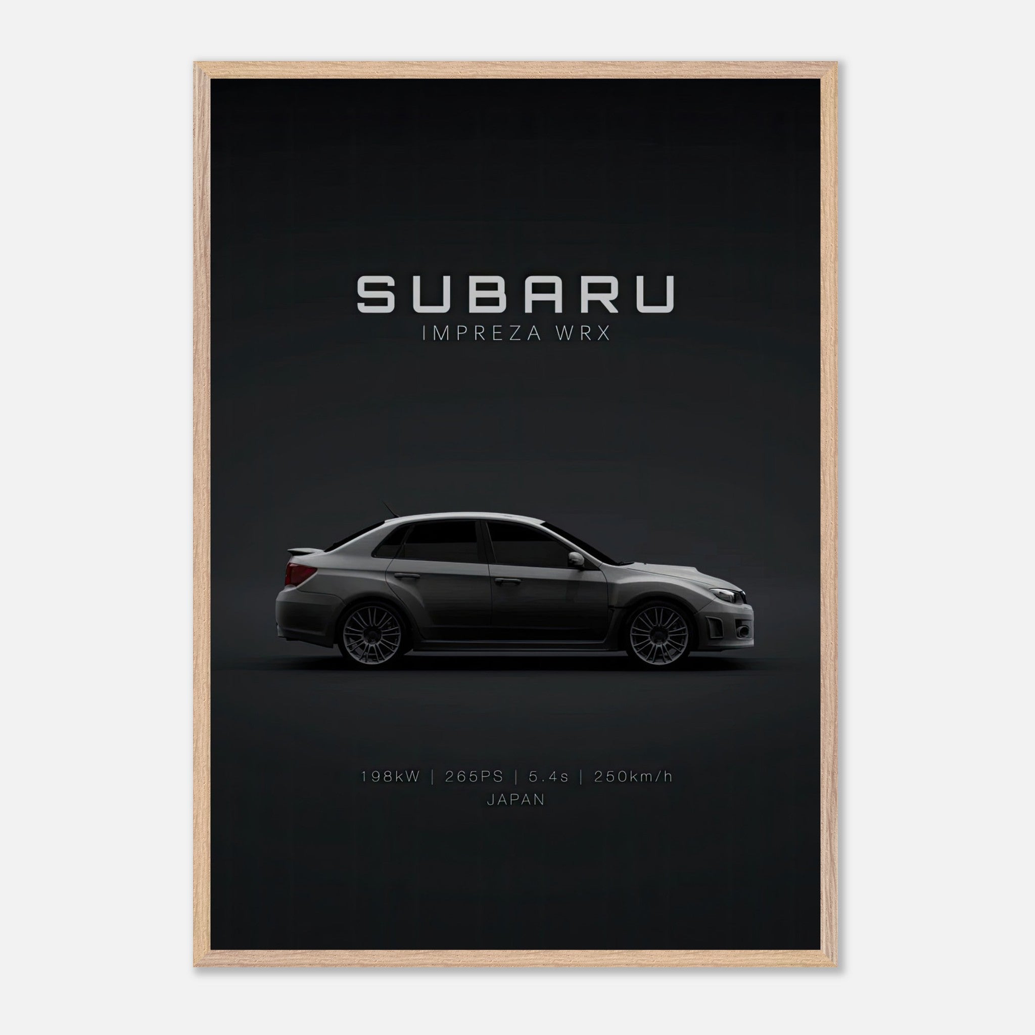 Subaru WRX vintage framed art showcasing an iconic car profile with minimalist design and detailed specifications.