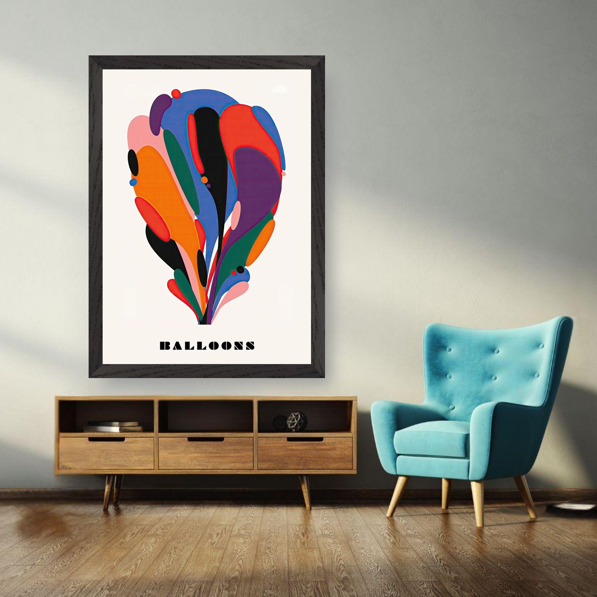 Vibrant abstract balloon art vintage framed print displayed in a modern living room setting.
