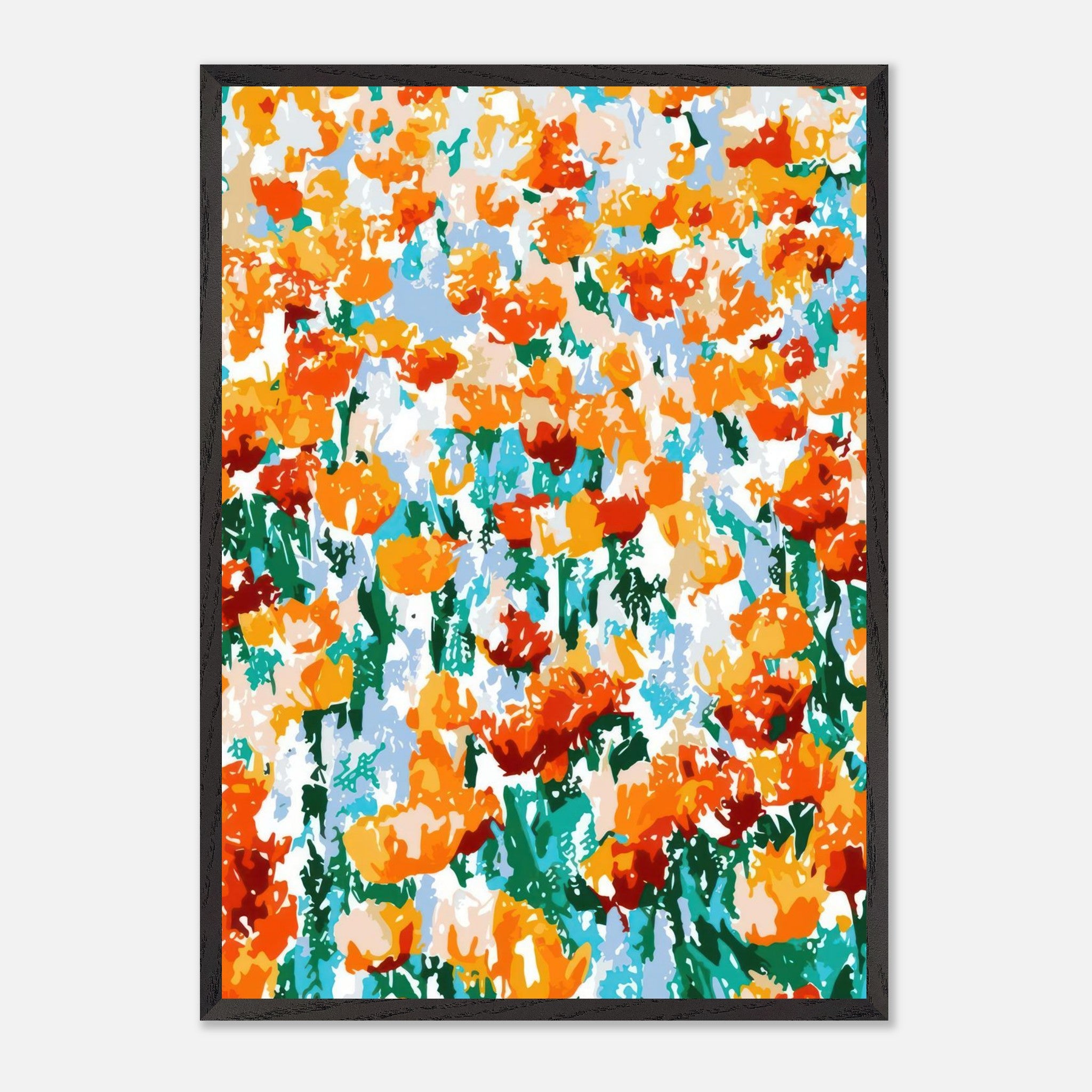 Abstract Floral Tulip Garden print with orange and yellow tulips framed, vibrant artwork for home decor.